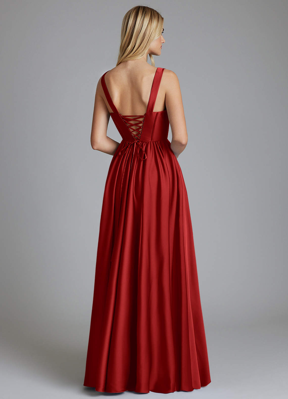 Delmie A-Line V-Neck Stretch Satin Bridesmaid Dress in Pomegranate