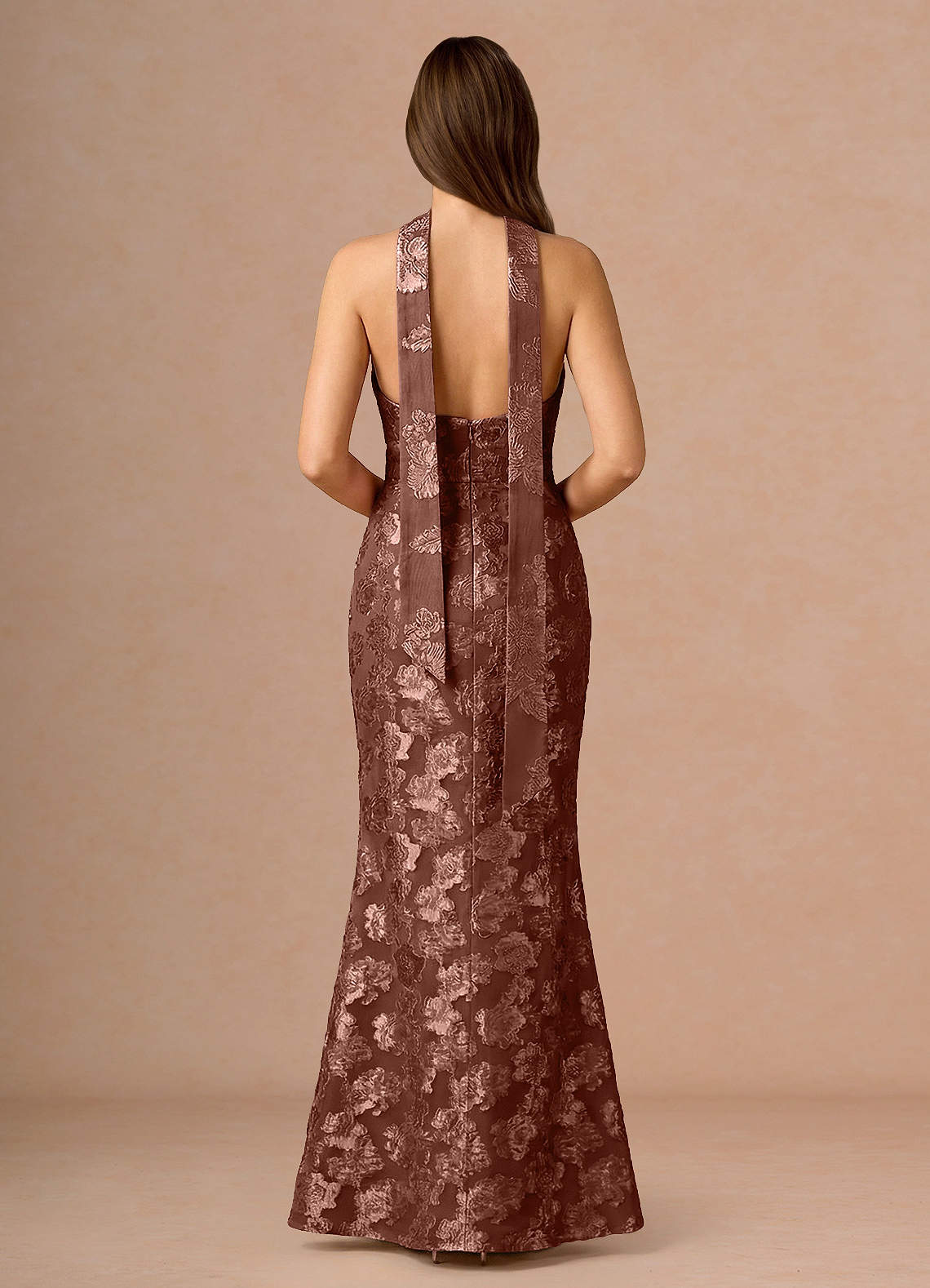 Valerie V-Neck Open-Back Fil Coupé Evening Dress in Mocha Coco