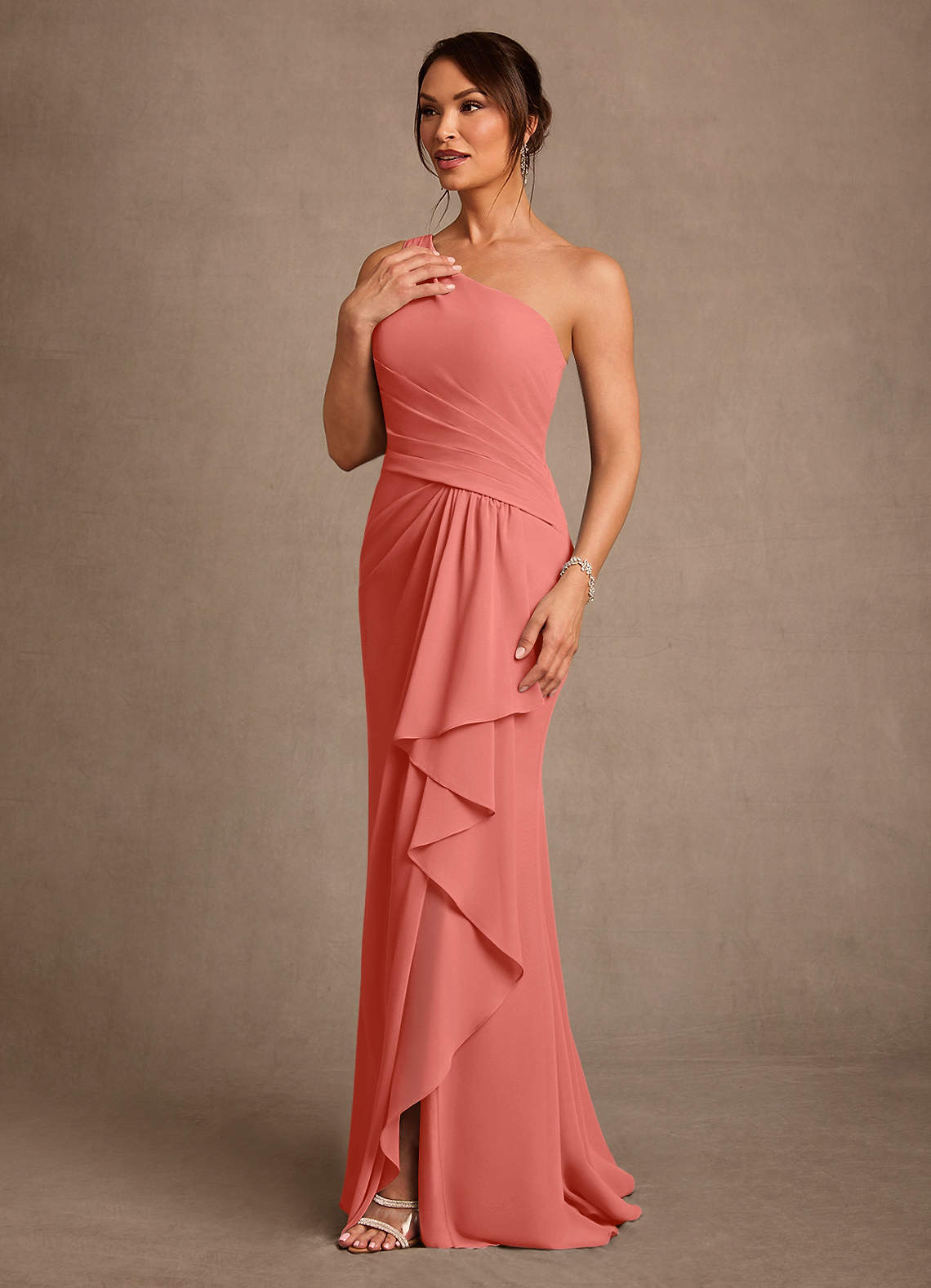 Floy Sheath One-Shoulder Chiffon Mother of the Bride Dress in Salmon Pink