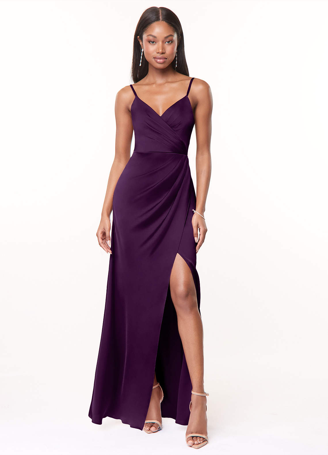 Maci A-Line V-Neck Stretch Satin Bridesmaid Dress in Grape