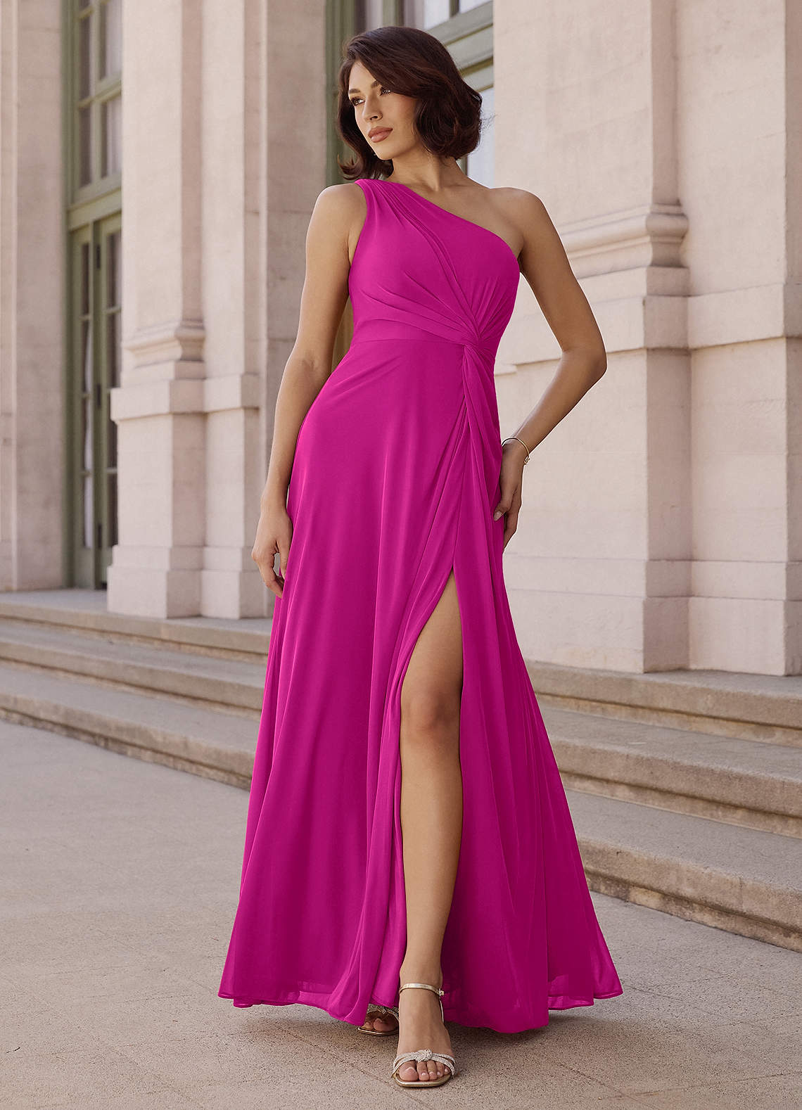 Brooke A-Line One-Shoulder Chiffon Bridesmaid Dress in Fuchsia