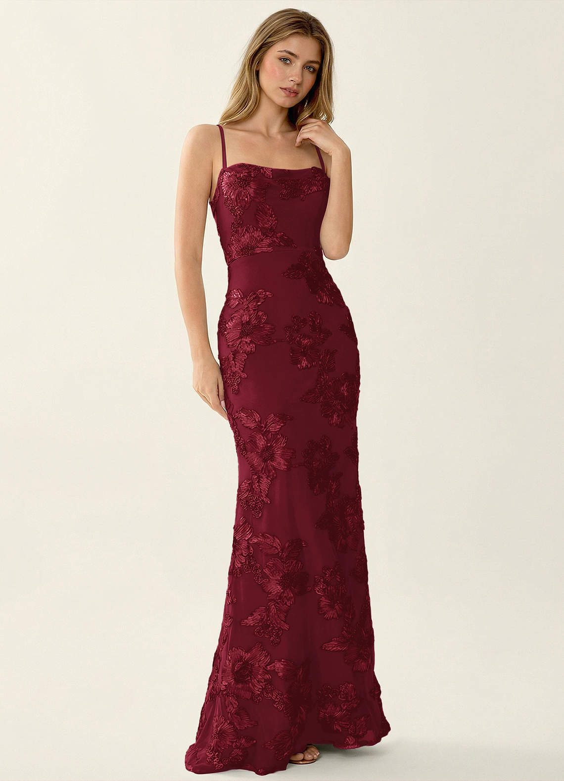 Kailani Mermaid Spaghetti-Strap Lace Evening Dress in Burgundy