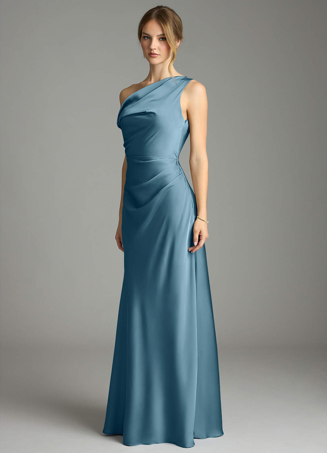 Emerson Mermaid One-Shoulder Stretch Satin Bridesmaid Dress in Bermuda