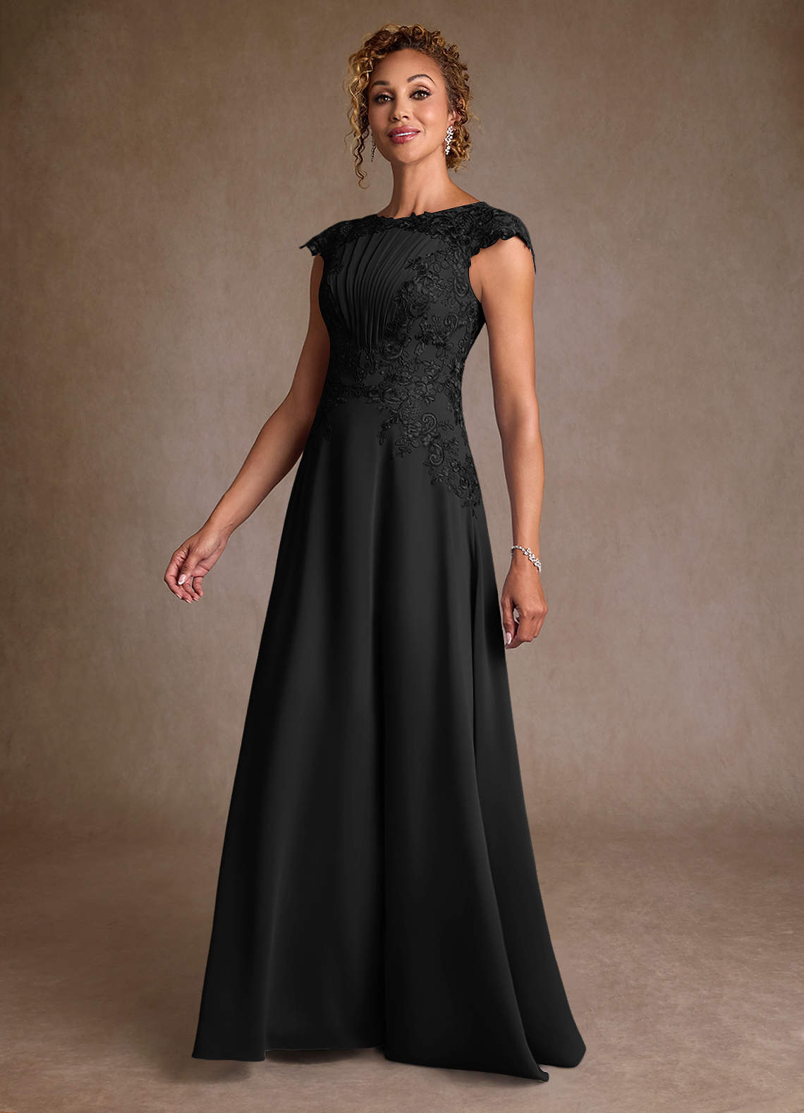 Christi A-Line Scoop-Neck Chiffon and Lace Mother of the Bride Dress in black