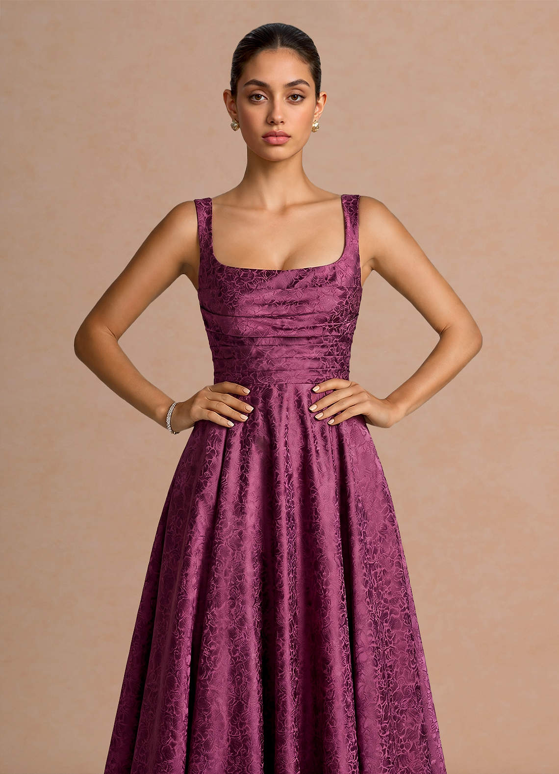 Elowena A-Line Square-Neck Satin Jacquard Evening Dress in Plum Purple