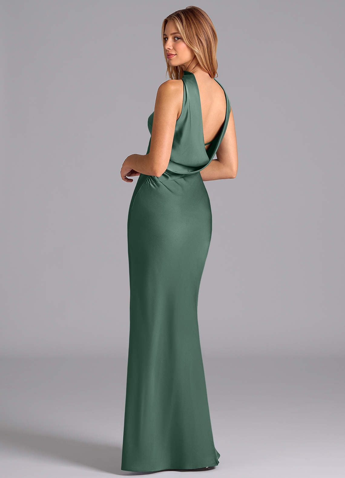 Lusinda Mermaid Strapless Stretch Satin Bridesmaid Dress in Eucalyptus