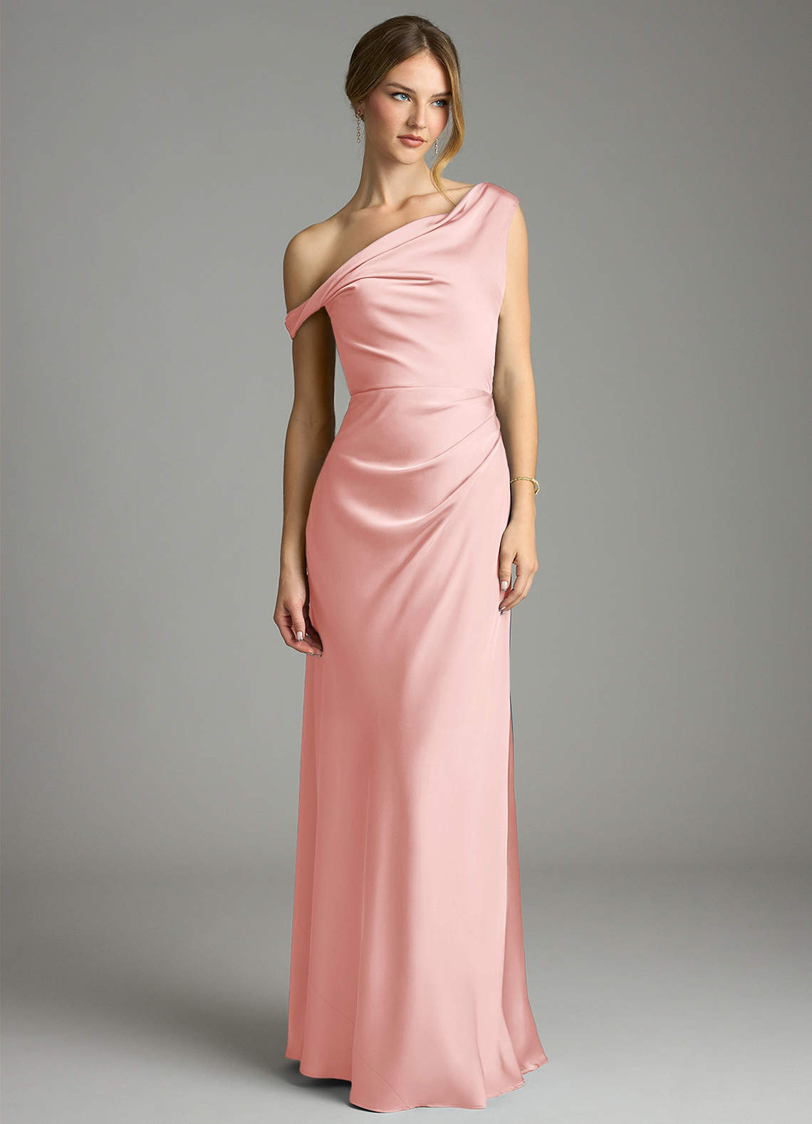 Emerson Mermaid One-Shoulder Stretch Satin Bridesmaid Dress in Powder Pink