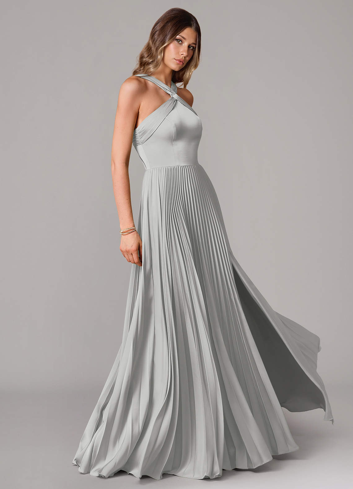Afra A-Line Halter-Neck Stretch Satin Bridesmaid Dress in Silver