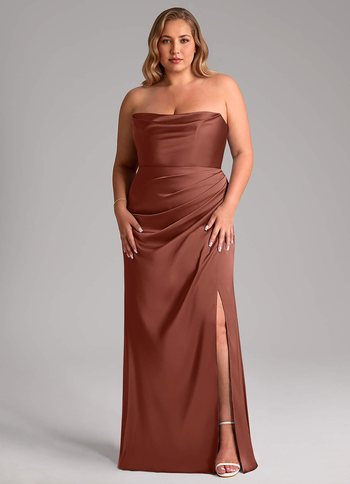 Leonis Mermaid Cowl-Neck Stretch Satin Bridesmaid Dress in Auburn