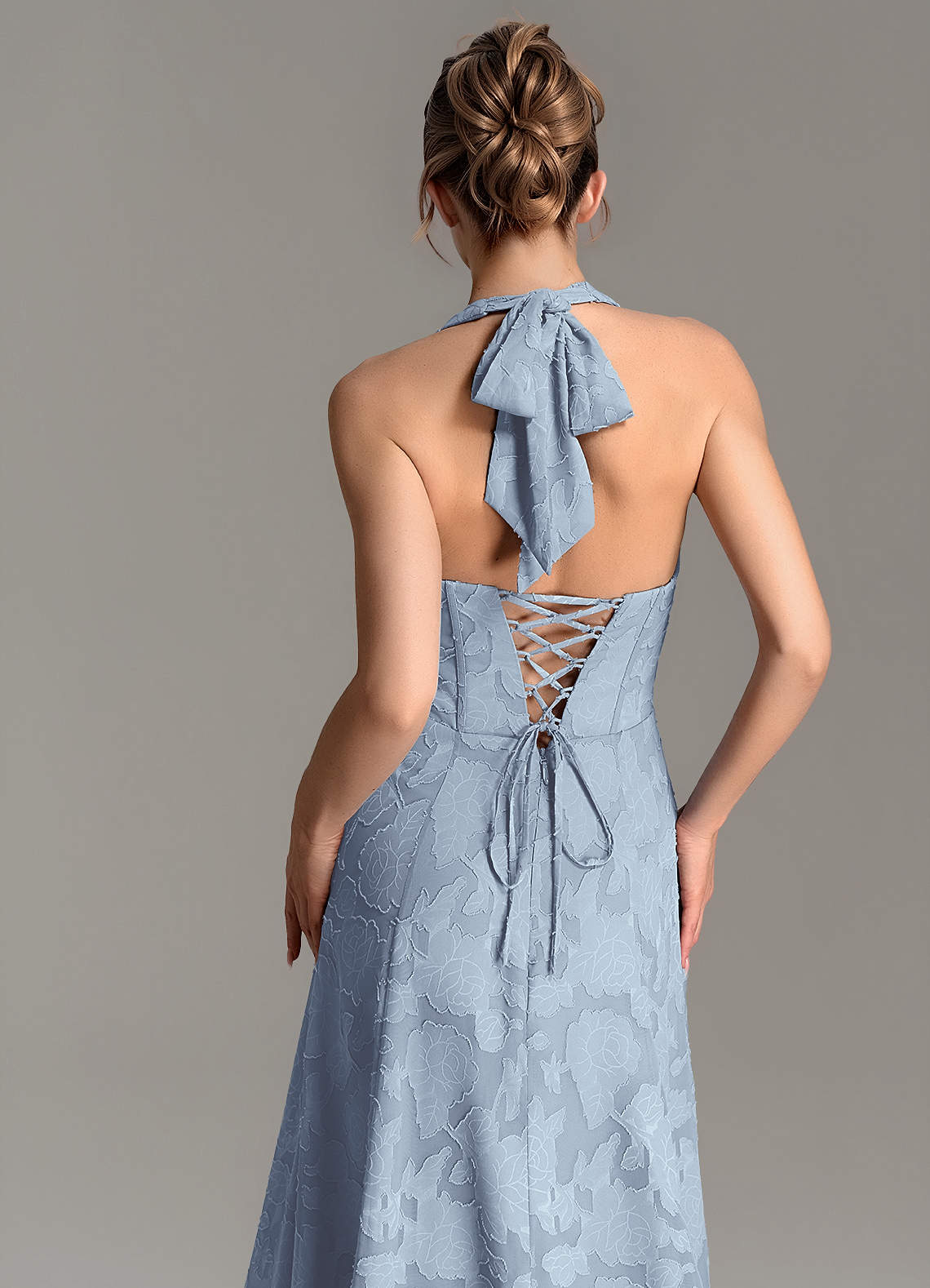 Nia A-Line V-Neck Floral Burnout Bridesmaid Dress in dusty blue