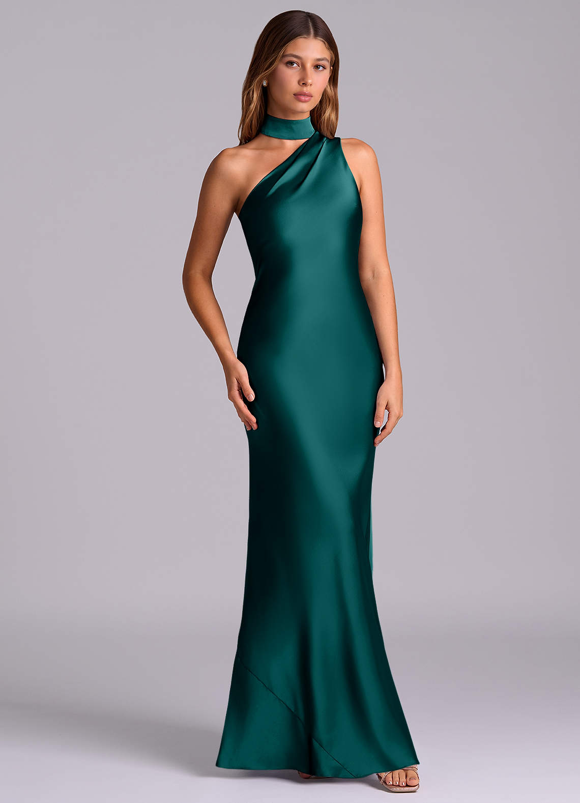 Seona Mermaid One-Shoulder Stretch Satin and Tulle Bridesmaid Dress in Peacock
