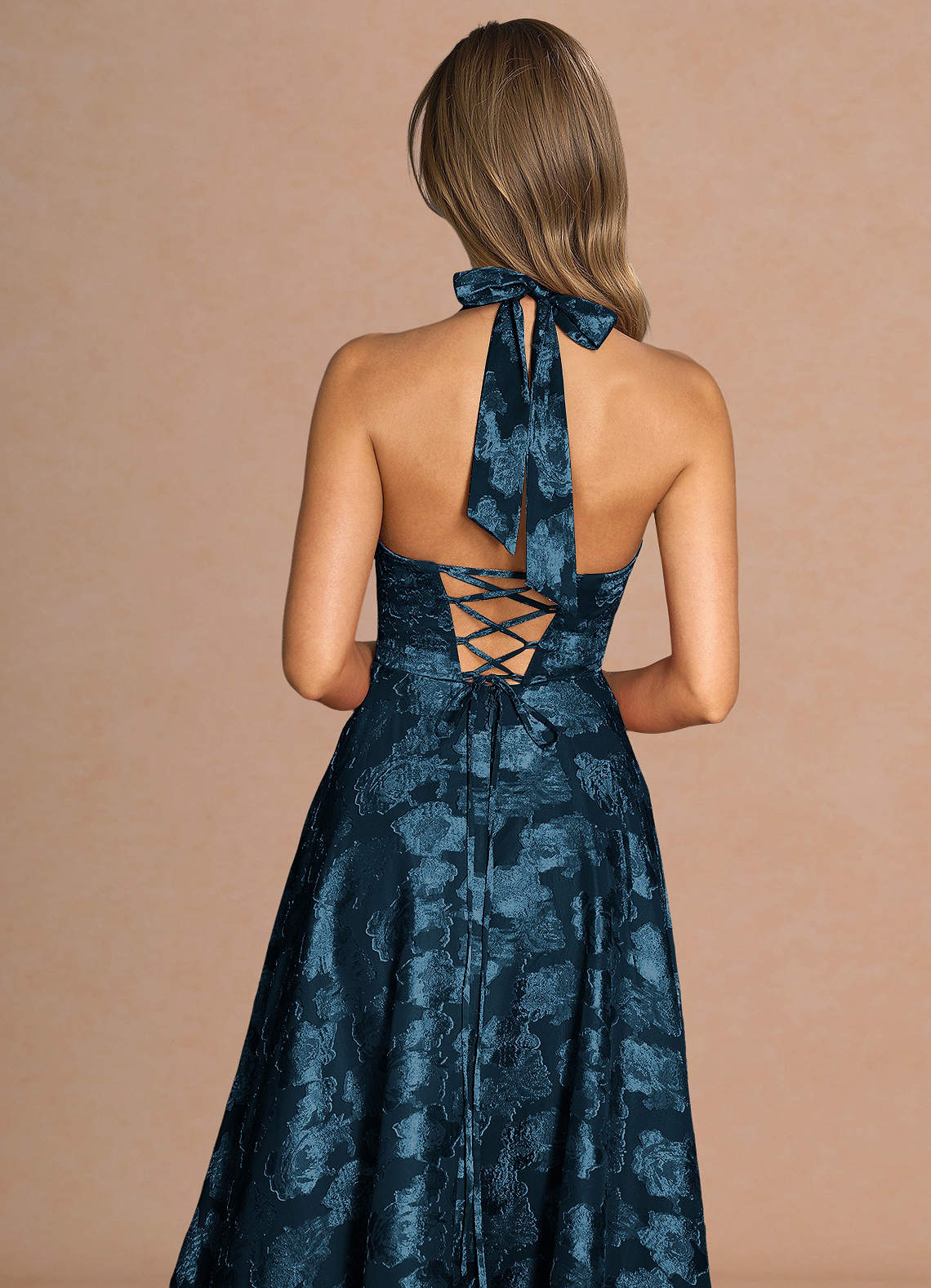 Isabeau A-Line V-Neck Fil Coupé Evening Dress in Navy