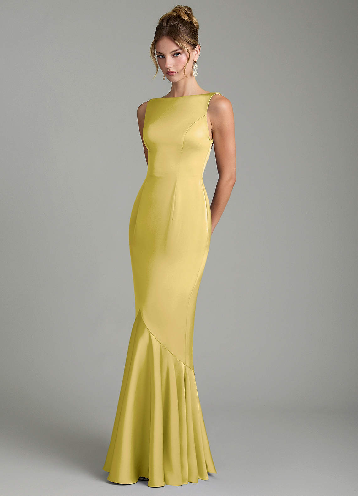 Tamera Mermaid Boat-Neck Stretch Satin and Chiffon Bridesmaid Dress in Canary