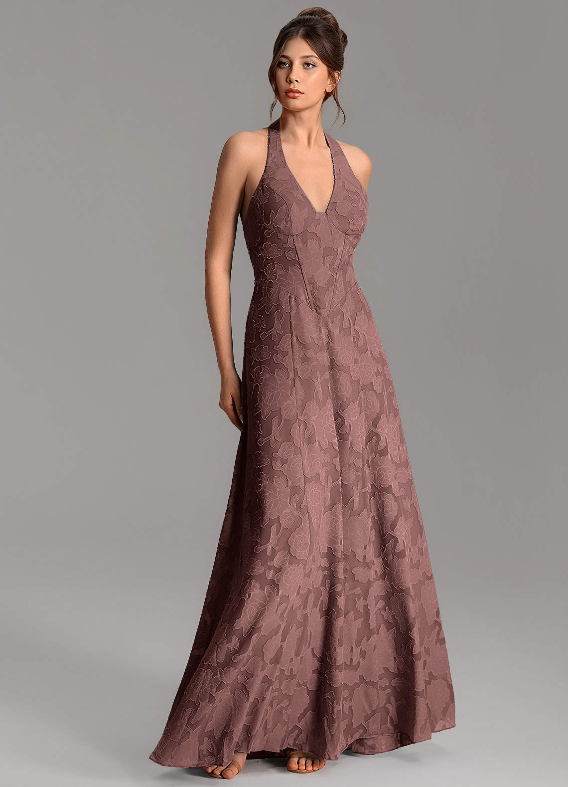 Nia A-Line V-Neck Floral Burnout Bridesmaid Dress in Espresso