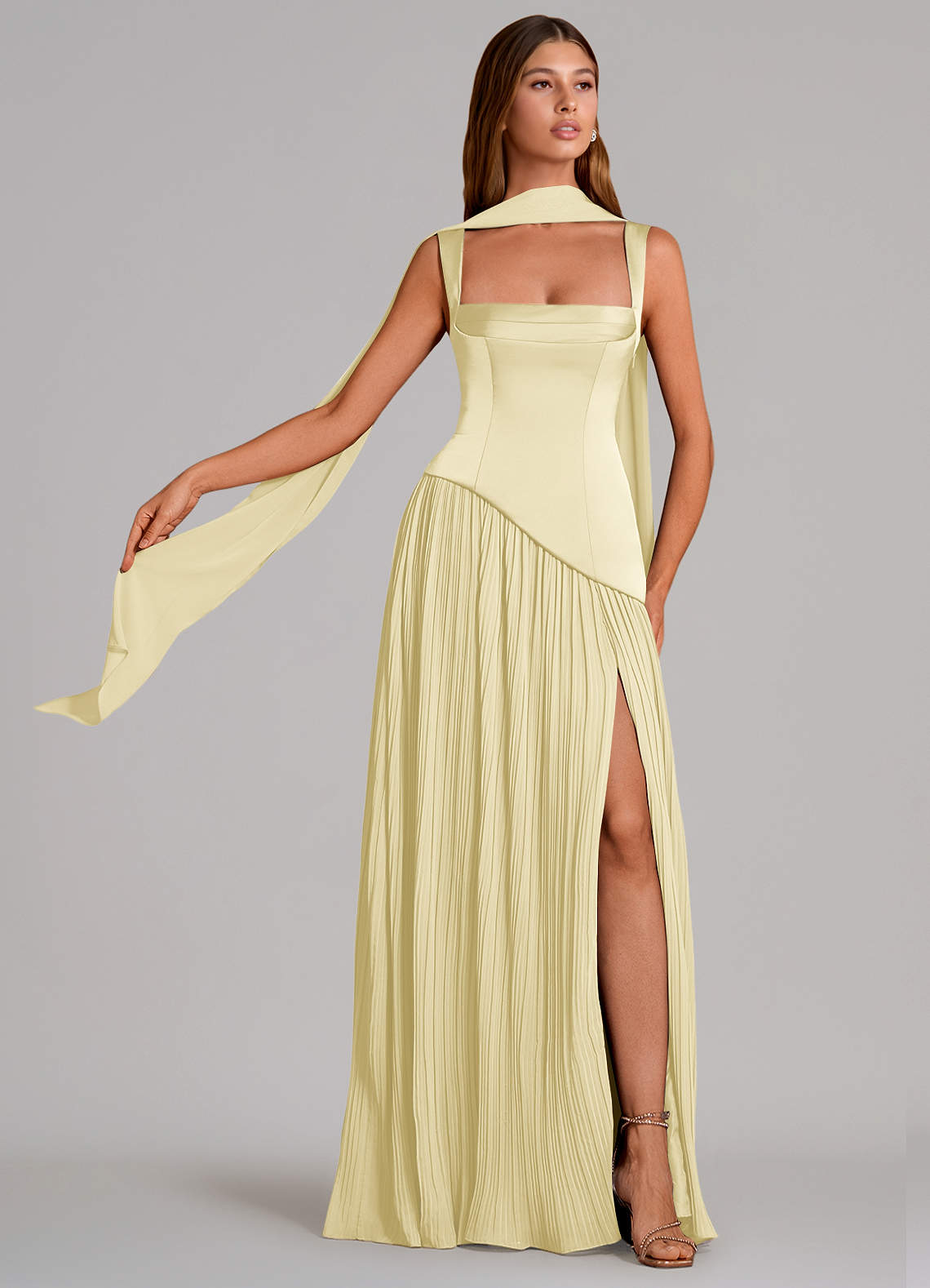 Stephanie A-Line Square-Neck Stretch Satin and Chiffon Bridesmaid Dress in Lemon Sorbet