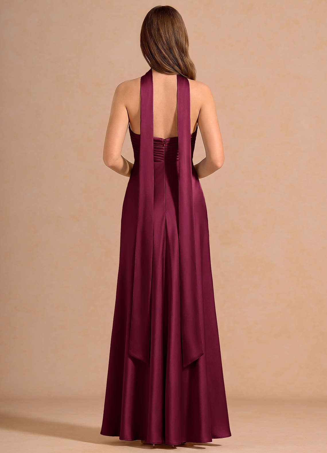 Seraphina A-Line Scarf Stretch Satin Evening Dress in Merlot
