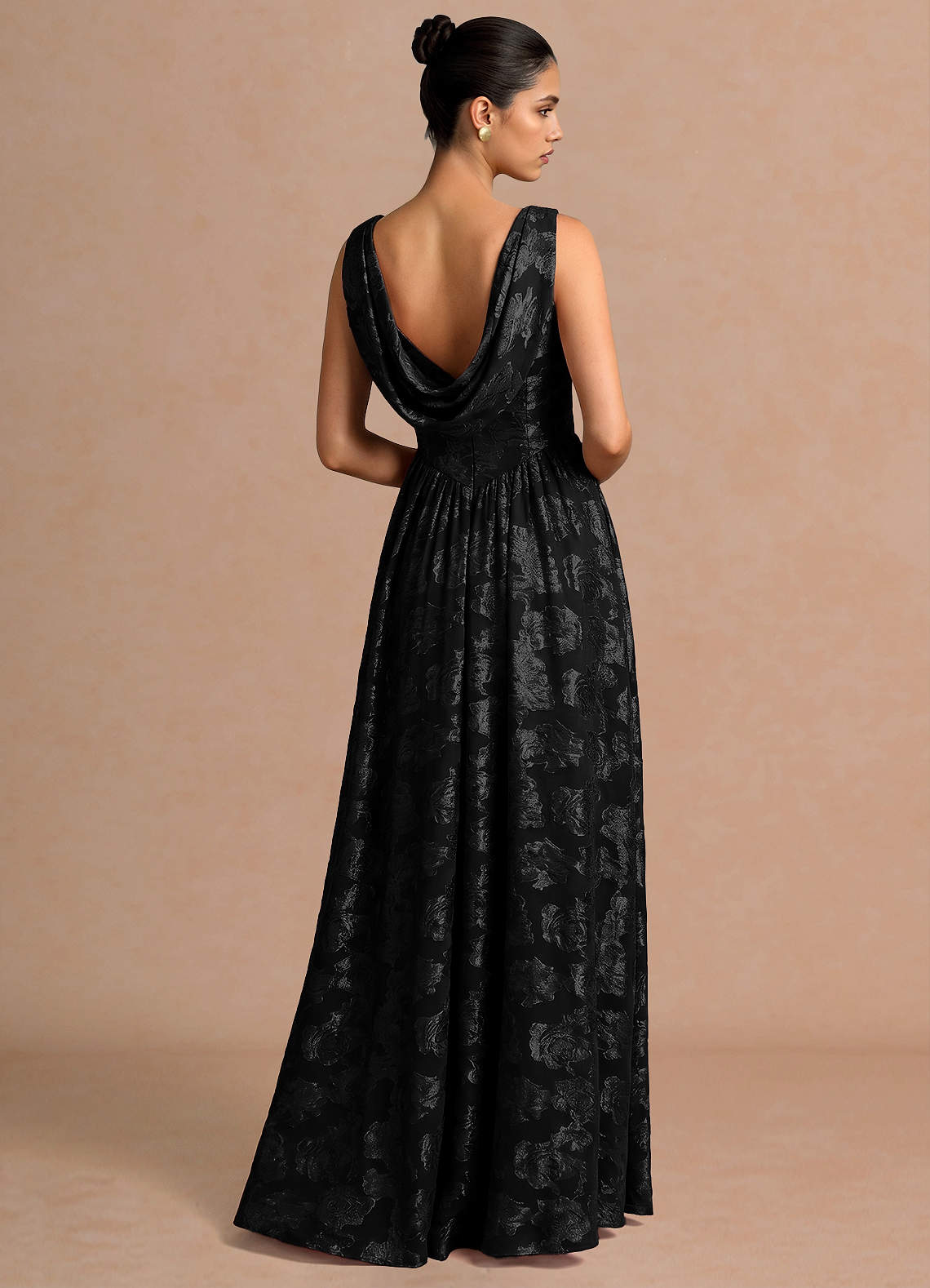 Novi A-Line Draped-Neck Floral Fil Coupé Evening Dress in Black