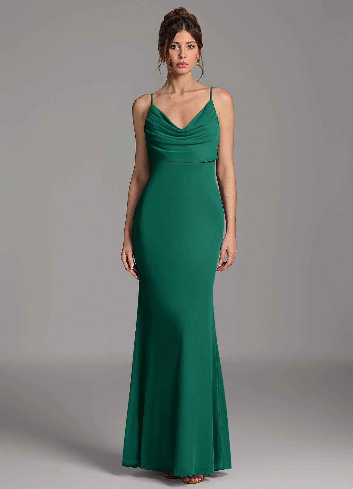 Zari Mermaid Cowl-Neck Mesh Bridesmaid Dress in Emerald