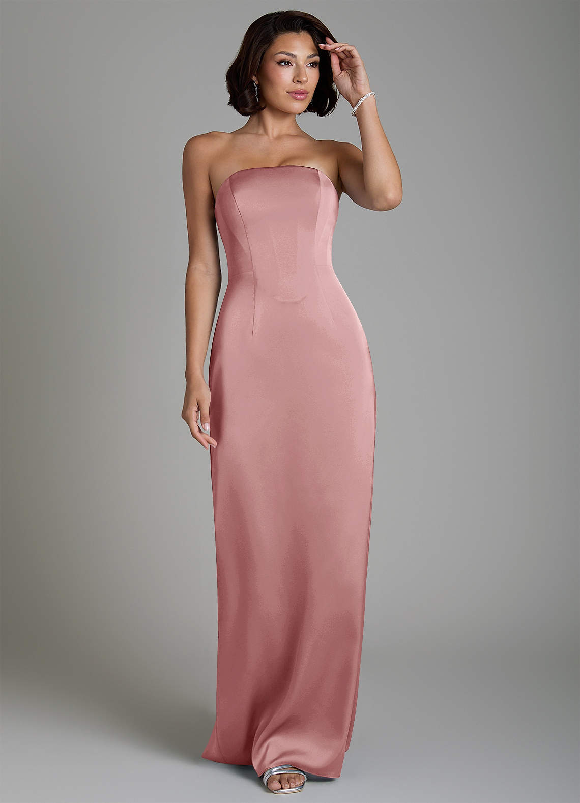 Fallyn Sheath Strapless Stretch Satin Bridesmaid Dress in dusty rose