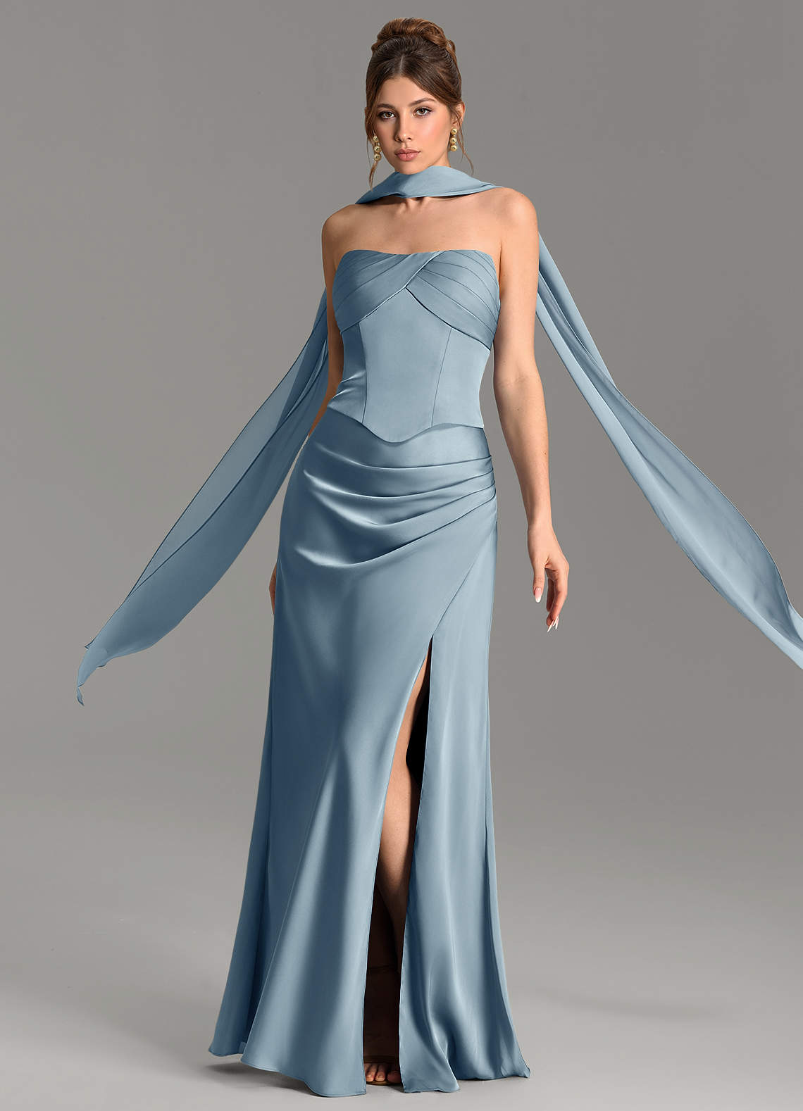 Nicki Sheath Scoop-Neck Stretch Satin Bridesmaid Dress in dusty blue