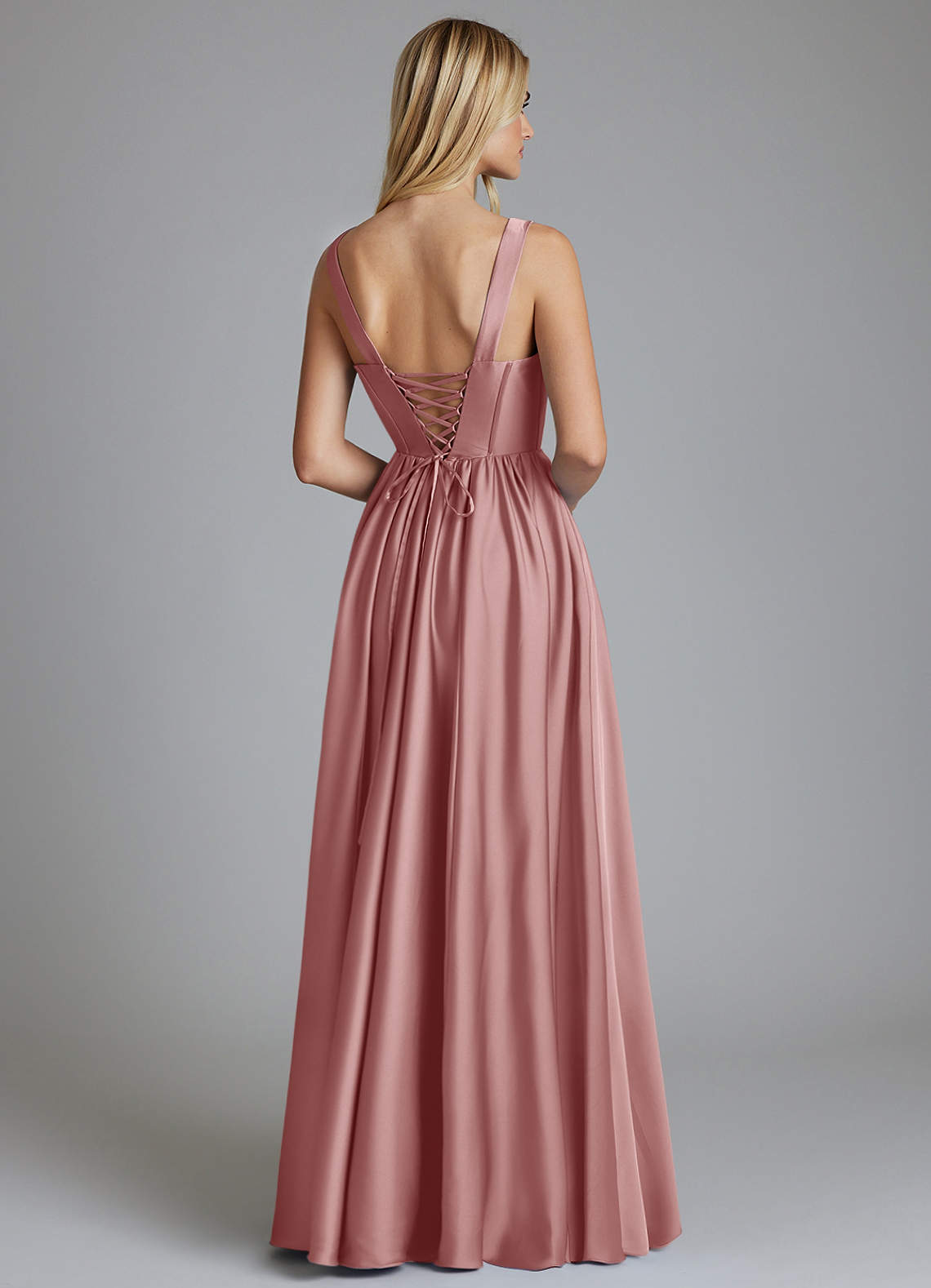 Delmie A-Line V-Neck Stretch Satin Bridesmaid Dress in dusty rose