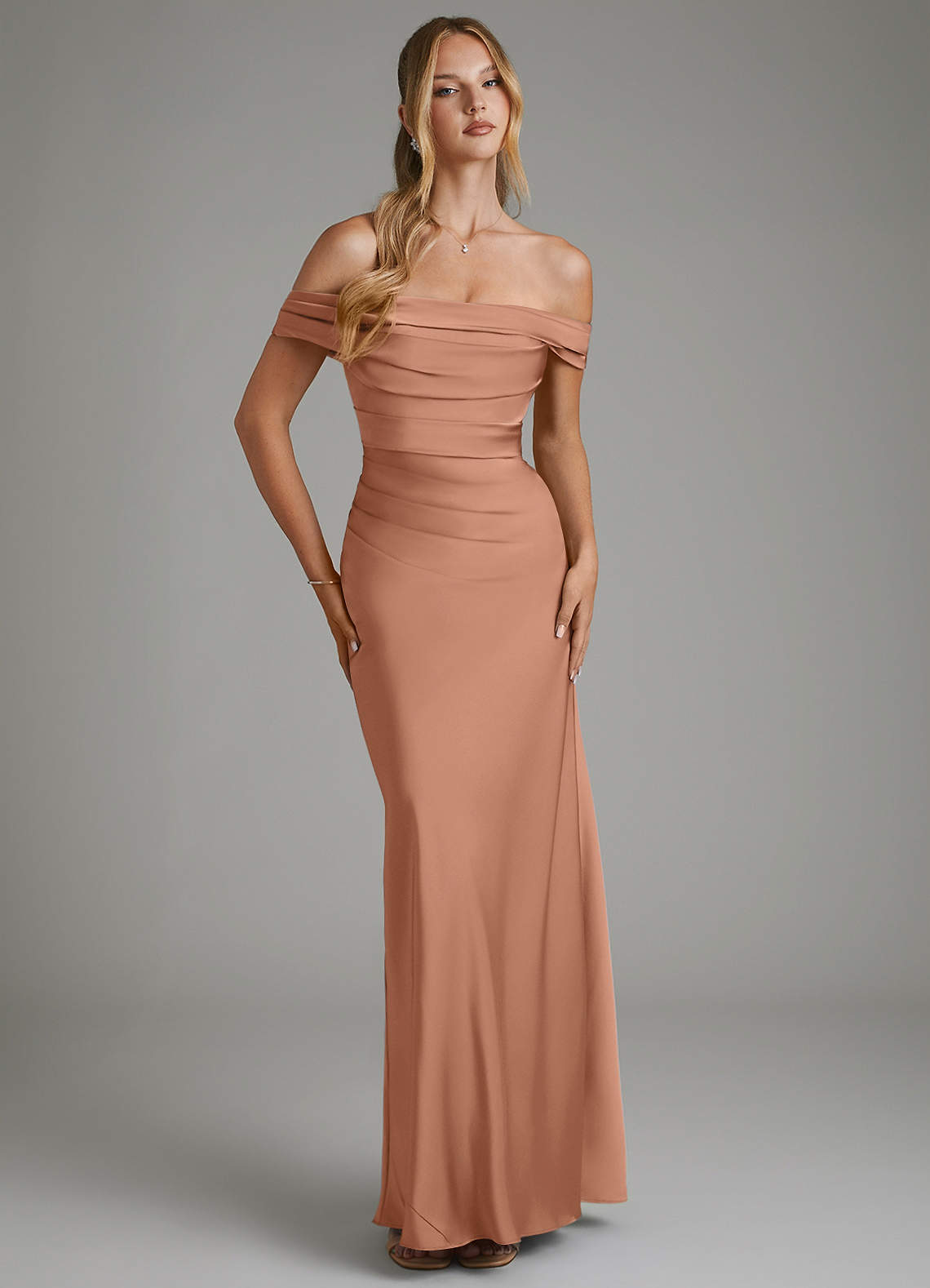 Hayden Mermaid Off-the-Shoulder Stretch Satin Bridesmaid Dress in Bronzer