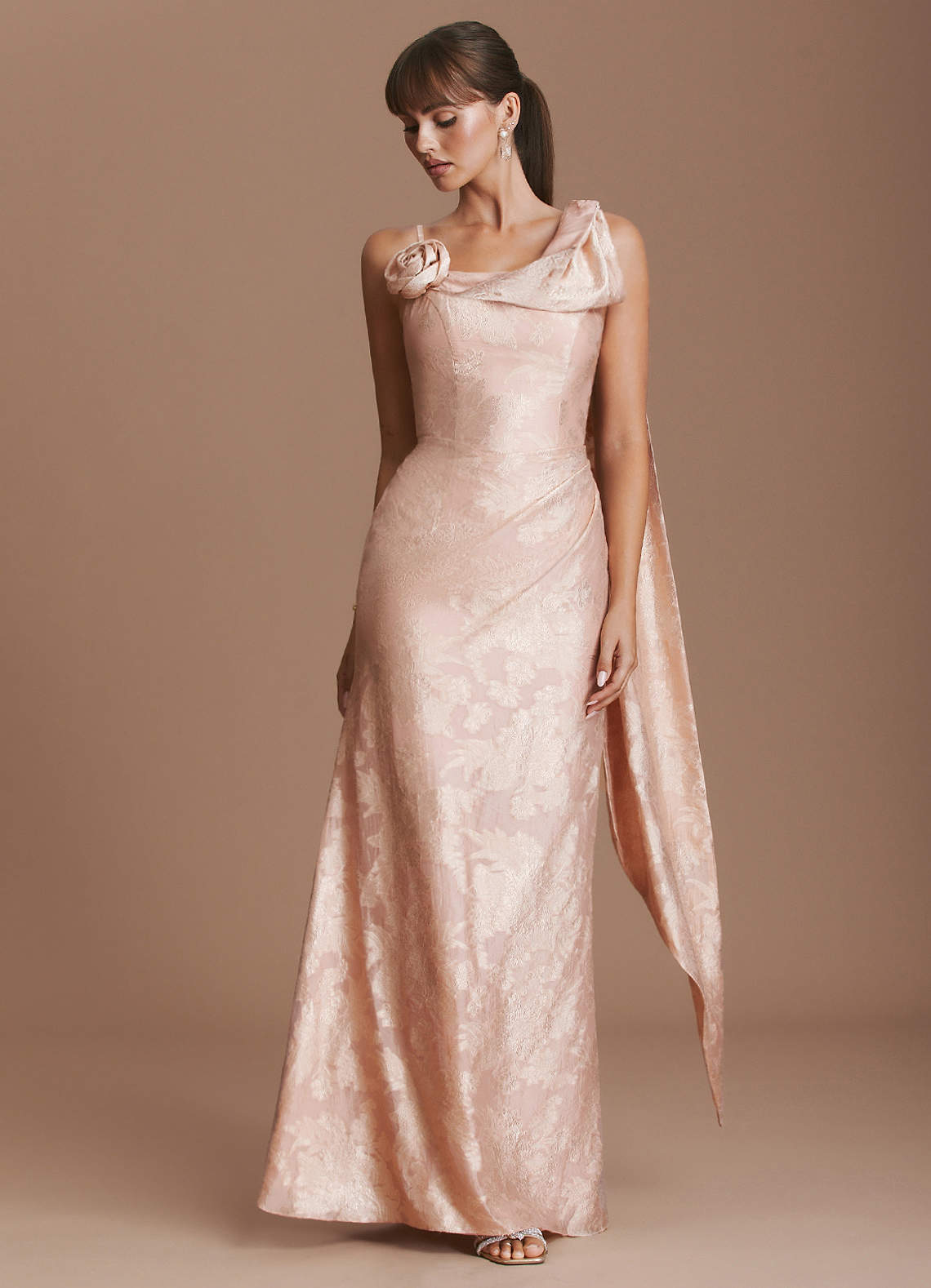 Clea Mermaid Cowl-Neck Floral Burnout Evening Dress in Apricot Blush