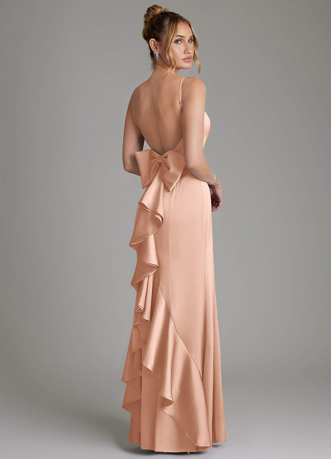 Zherra Mermaid Scoop-Neck Stretch Satin Bridesmaid Dress in rose gold