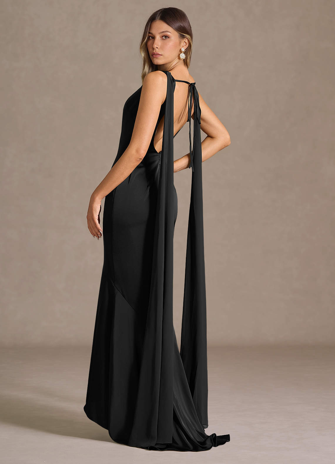 Wynne Mermaid Shoulder-Scarf Stretch Satin Evening Dress in Olive