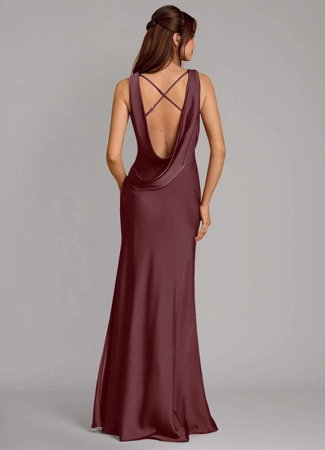 Cheryl Mermaid Cowl-Neck Stretch Satin Bridesmaid Dress in Sangria
