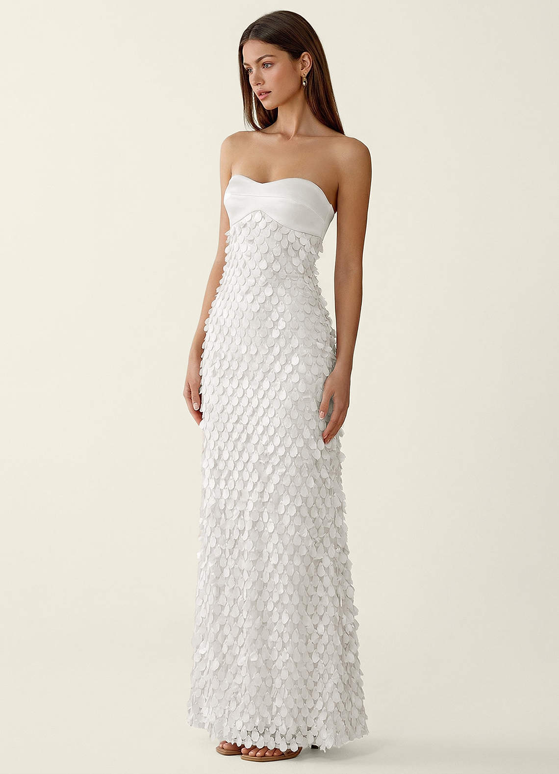 Mentino Strapless 3D Floral Lace Prom Dress in White