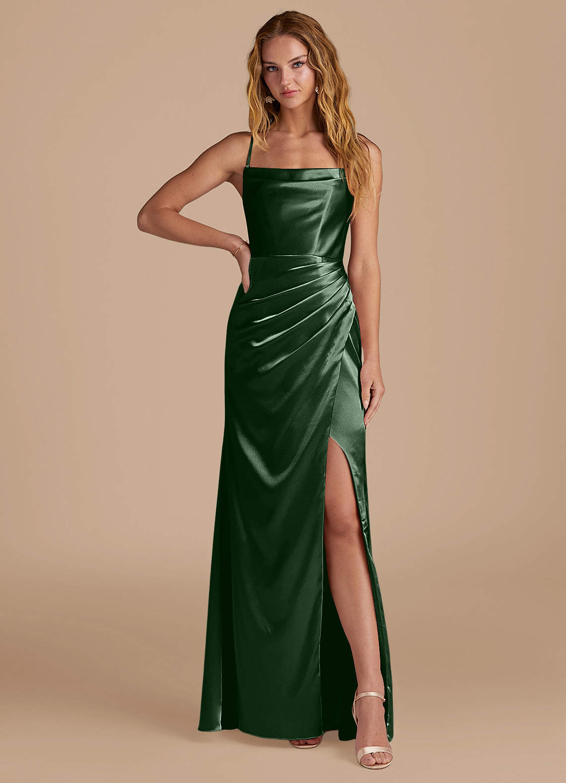 Marzia Mermaid Square-Neck Metallic Satin Bridesmaid Dress in Eucalyptus