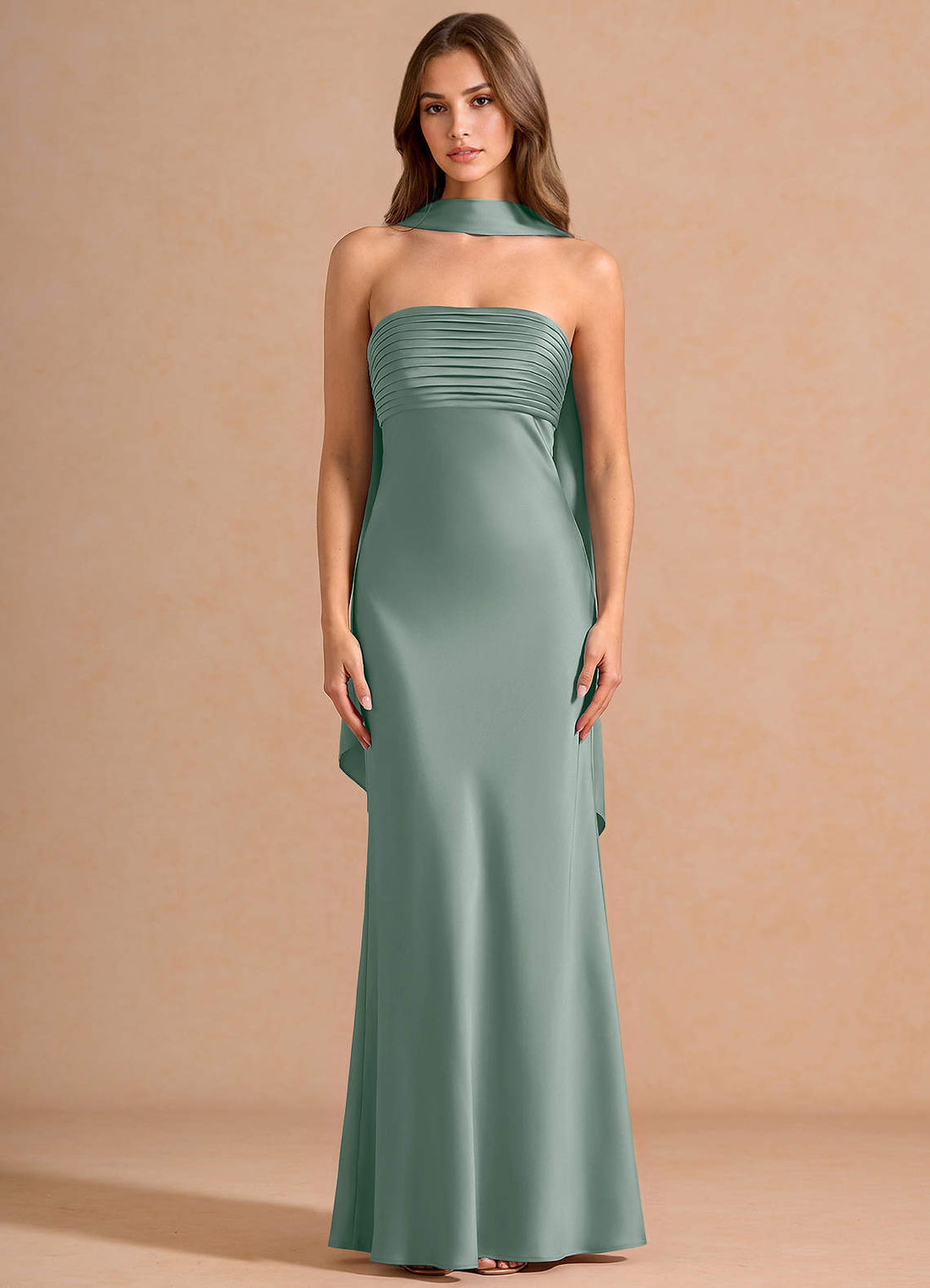 Seraphina A-Line Scarf Stretch Satin Evening Dress in Vintage Sage