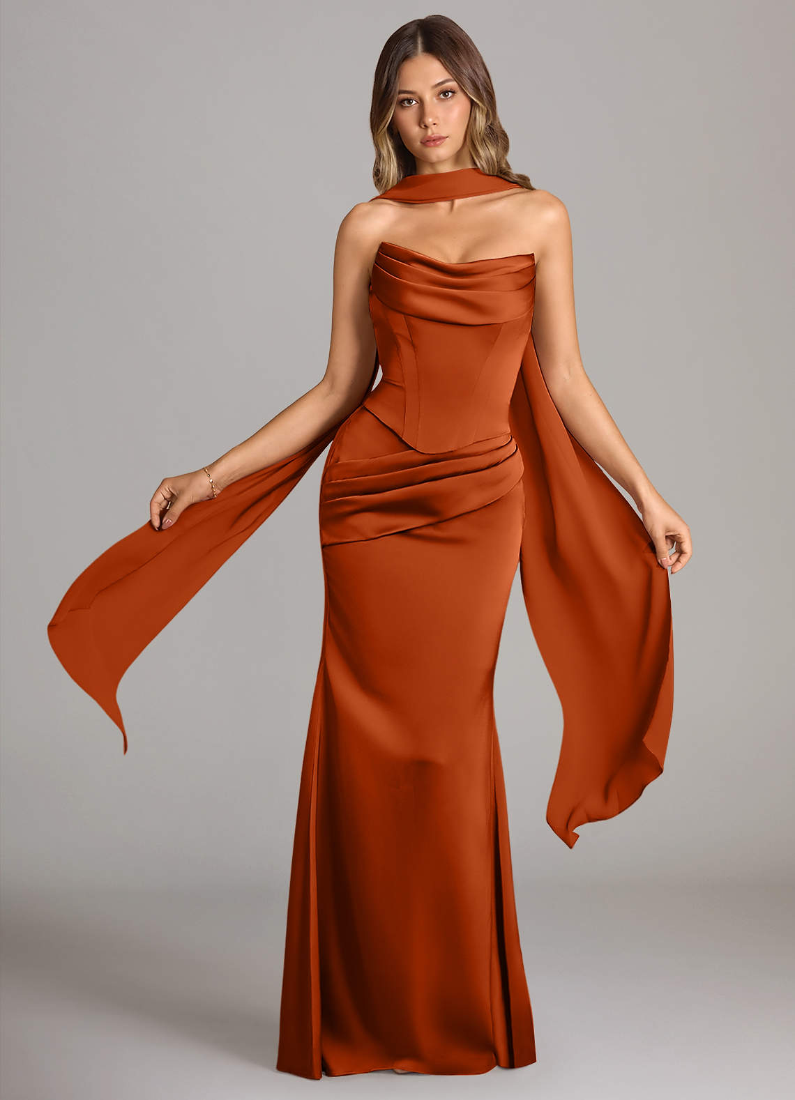 Sorrel Mermaid Cowl-Neck Stretch Satin and Chiffon Bridesmaid Dress in Burnt Orange