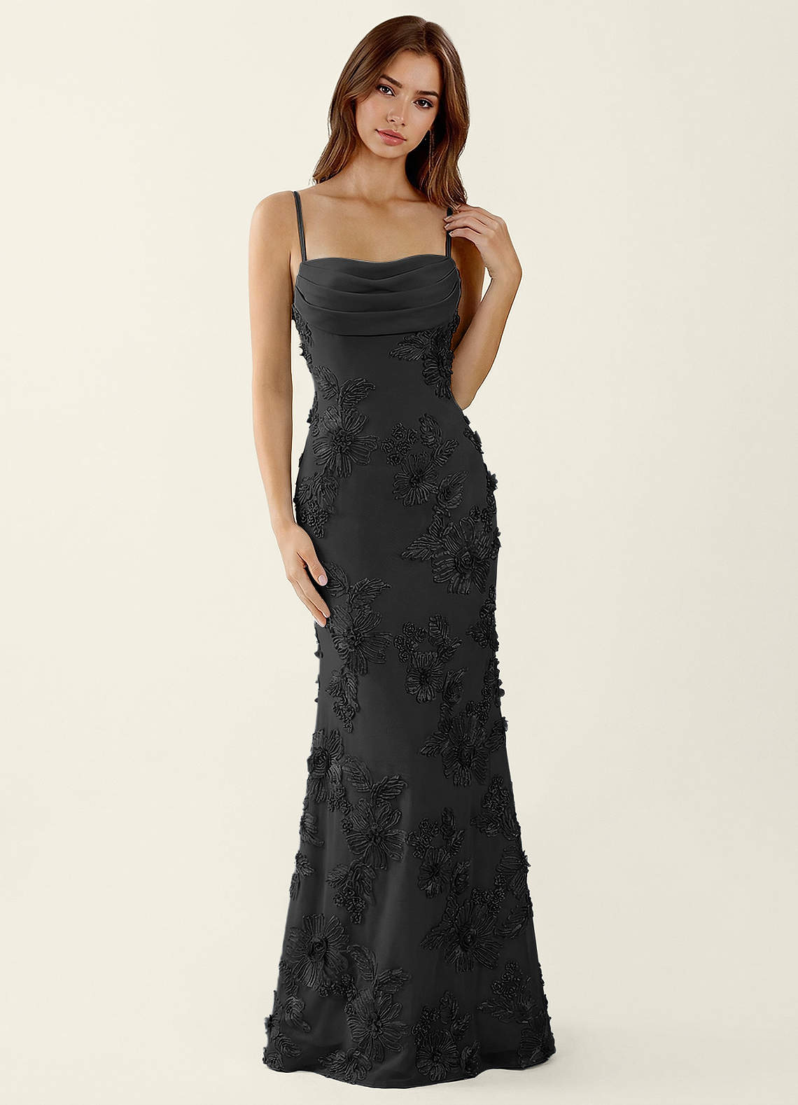 Bellatrix Mermaid Spaghetti-Strap Stretch Lace Evening Dress in black