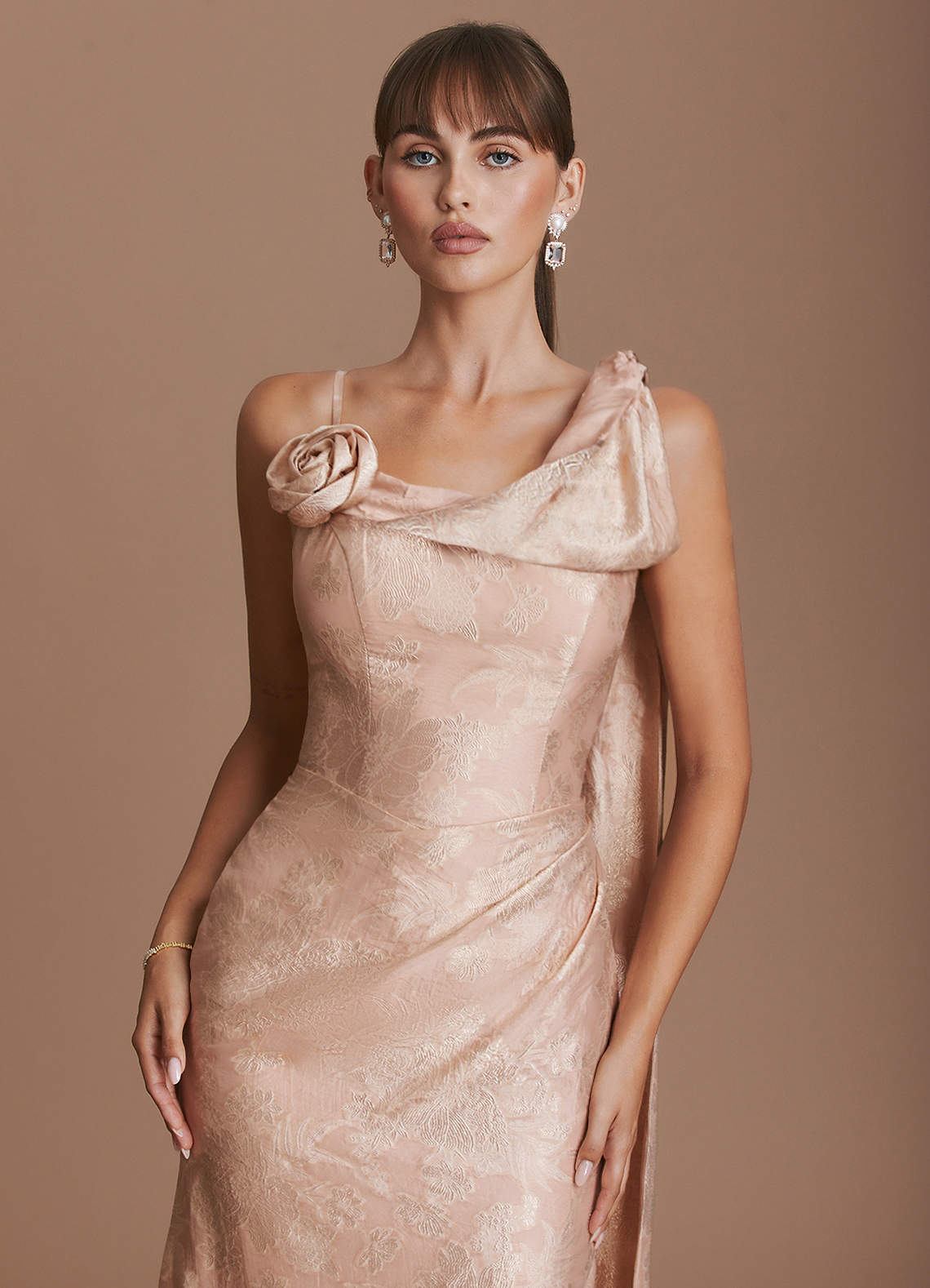 Clea Mermaid Cowl-Neck Floral Burnout Evening Dress in Apricot Blush