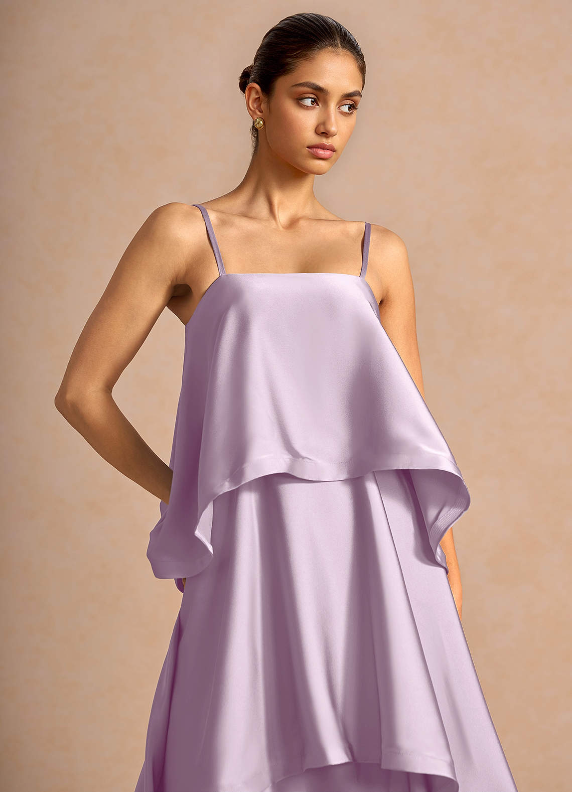 Itasca A-Line Tiered Stretch Satin Wedding Guest Dress in Frosted Lilac