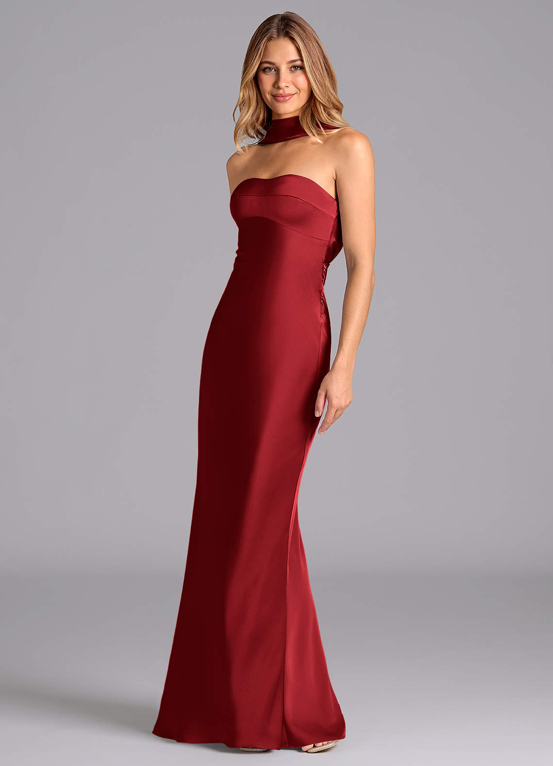 Lusinda Mermaid Strapless Stretch Satin Bridesmaid Dress in Scarlet