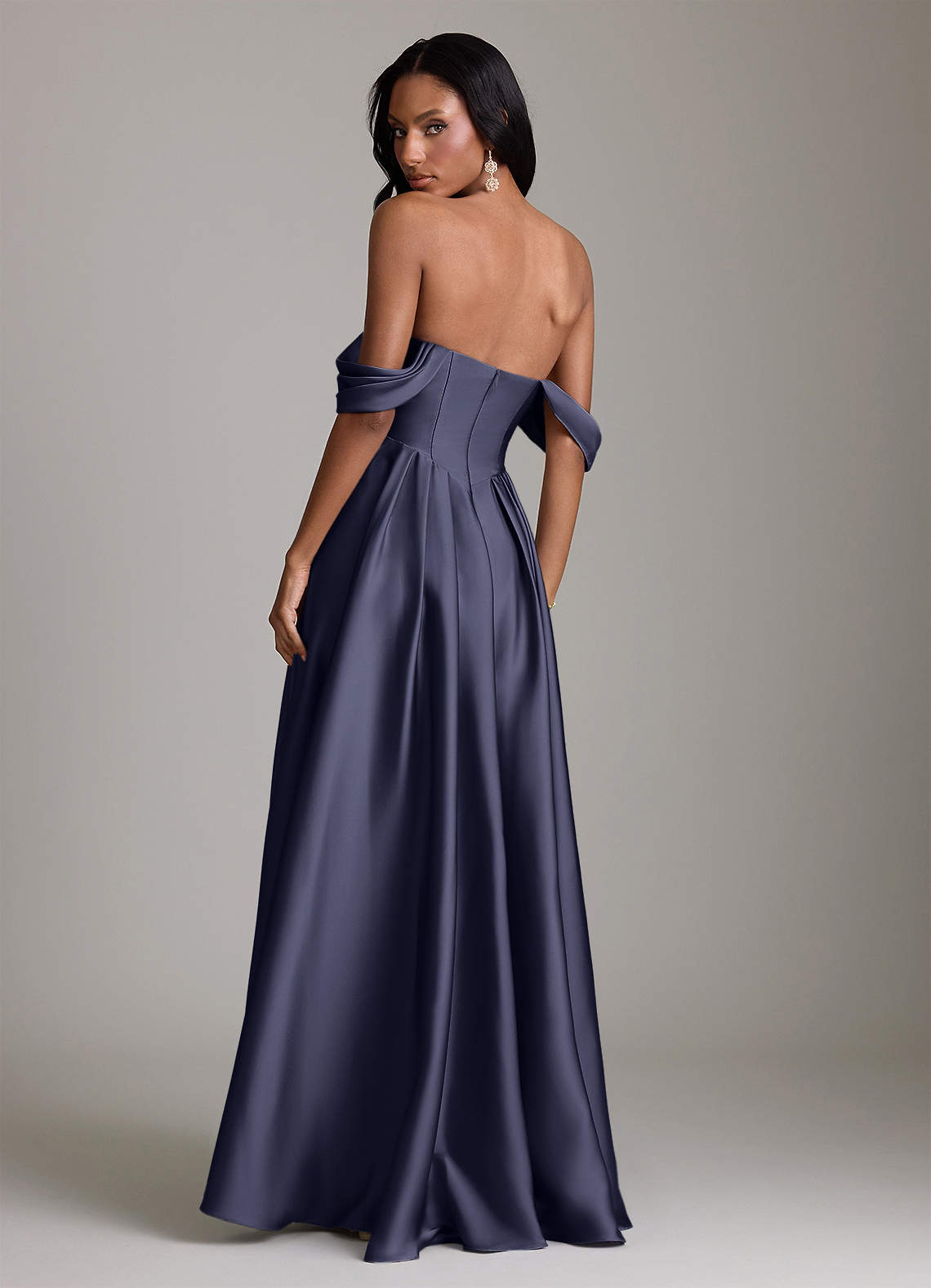 Loisa A-Line Off-the-Shoulder Stretch Satin Bridesmaid Dress in Stormy