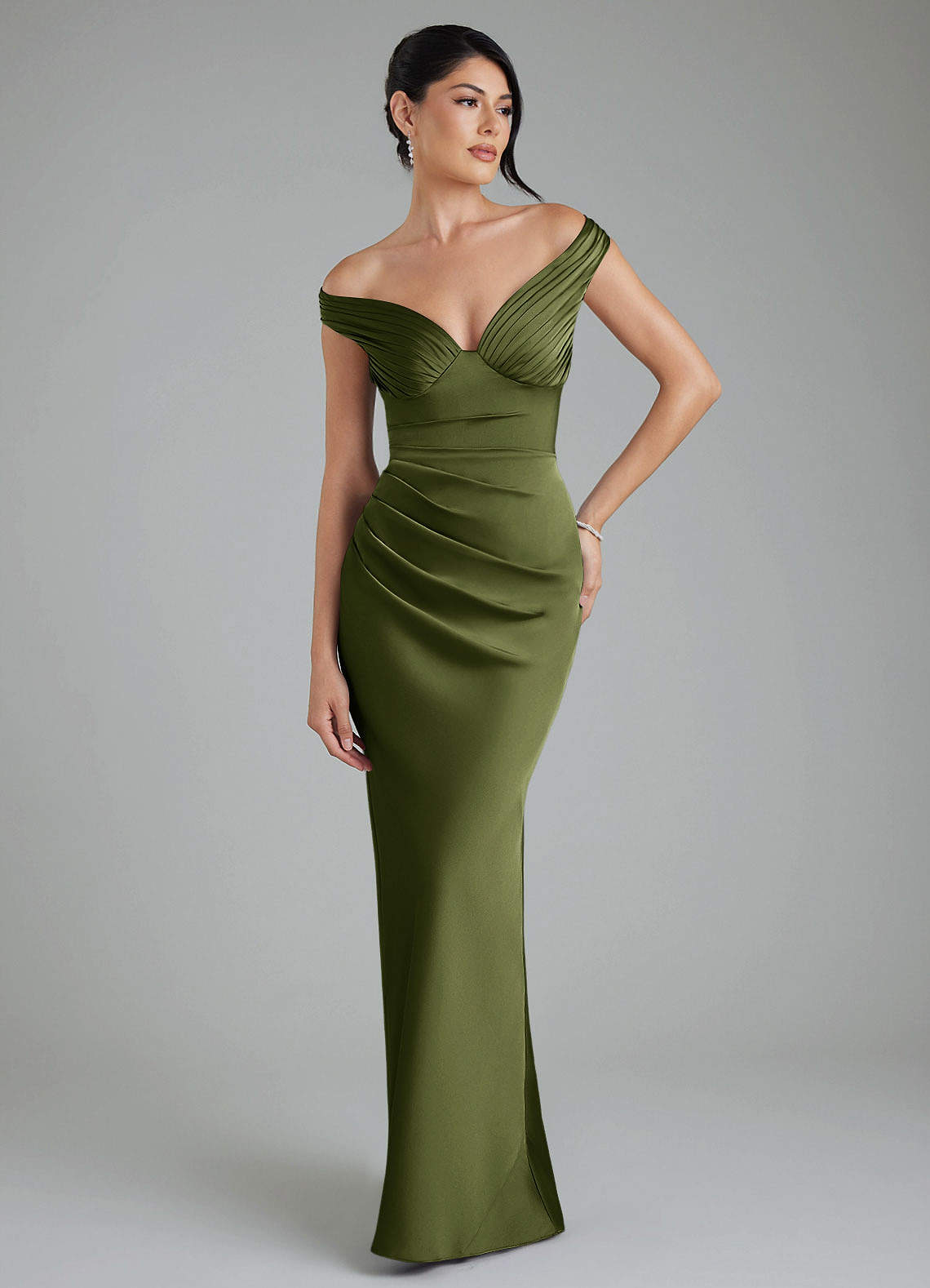 Stella Sheath V-Neck Stretch Satin Bridesmaid Dress in Olive