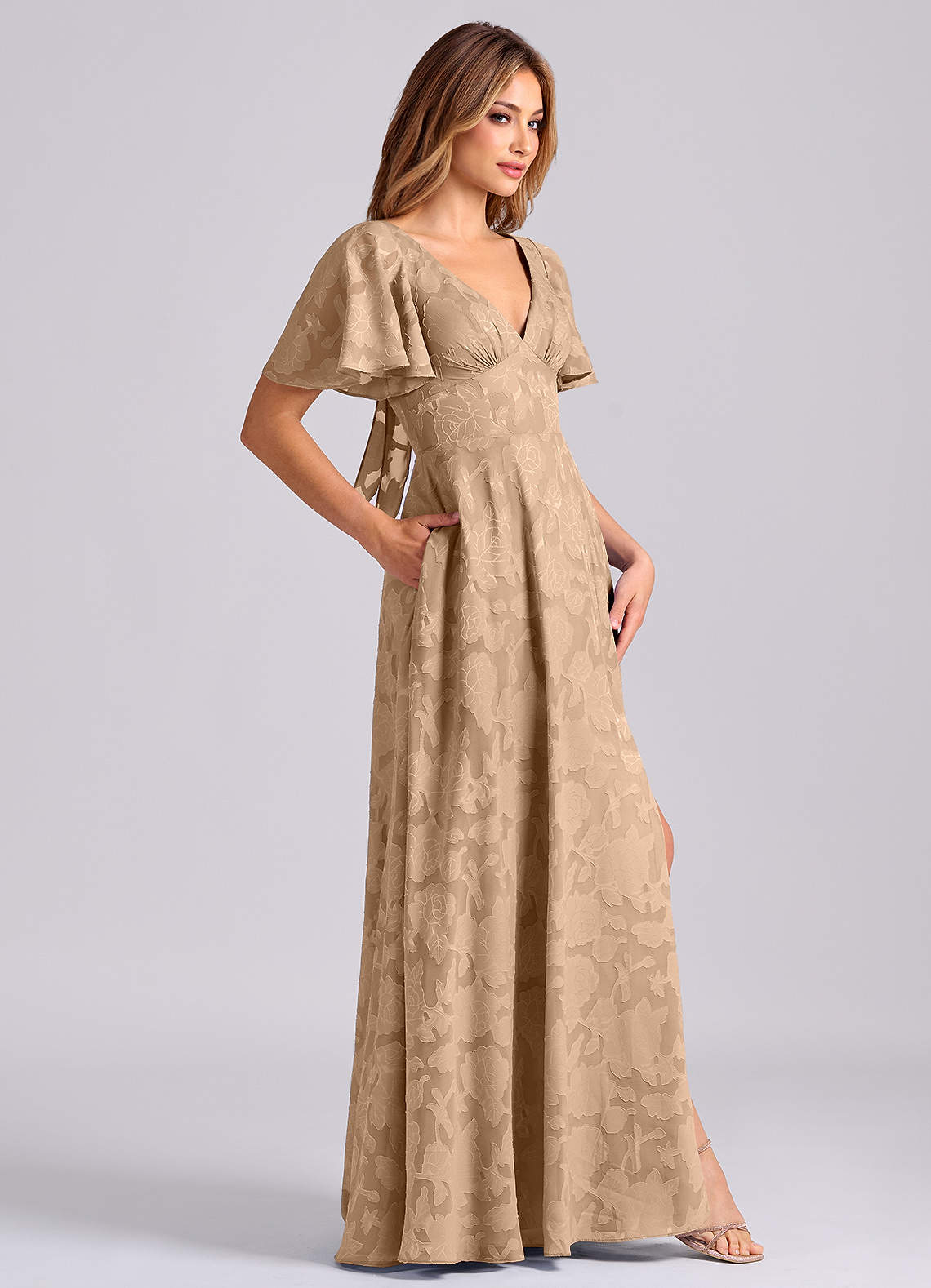 Kimber A-Line V-Neck Floral Burnout Bridesmaid Dress in Champagne