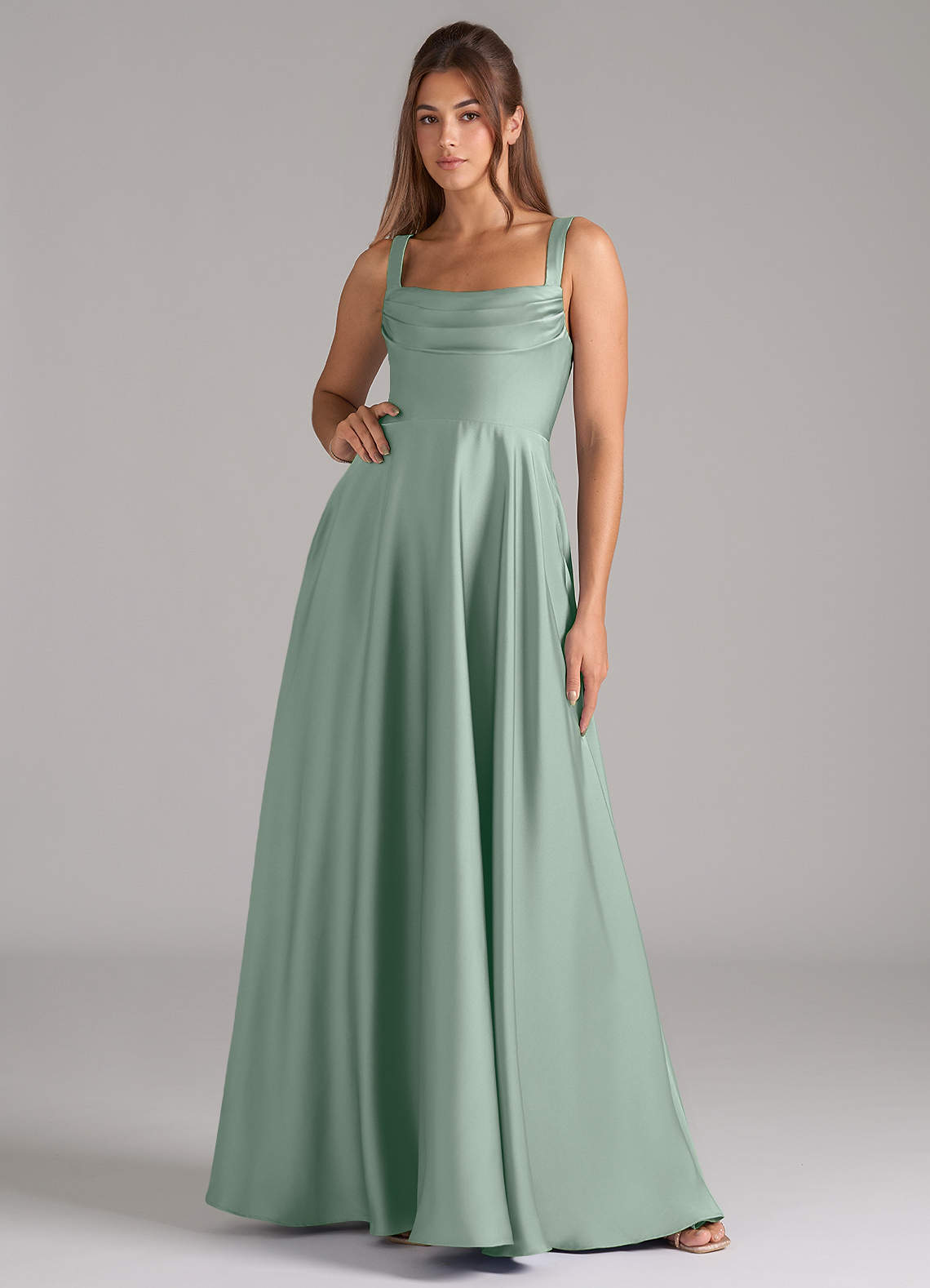 Shaude A-Line Square-Neck Stretch Satin Bridesmaid Dress in Agave
