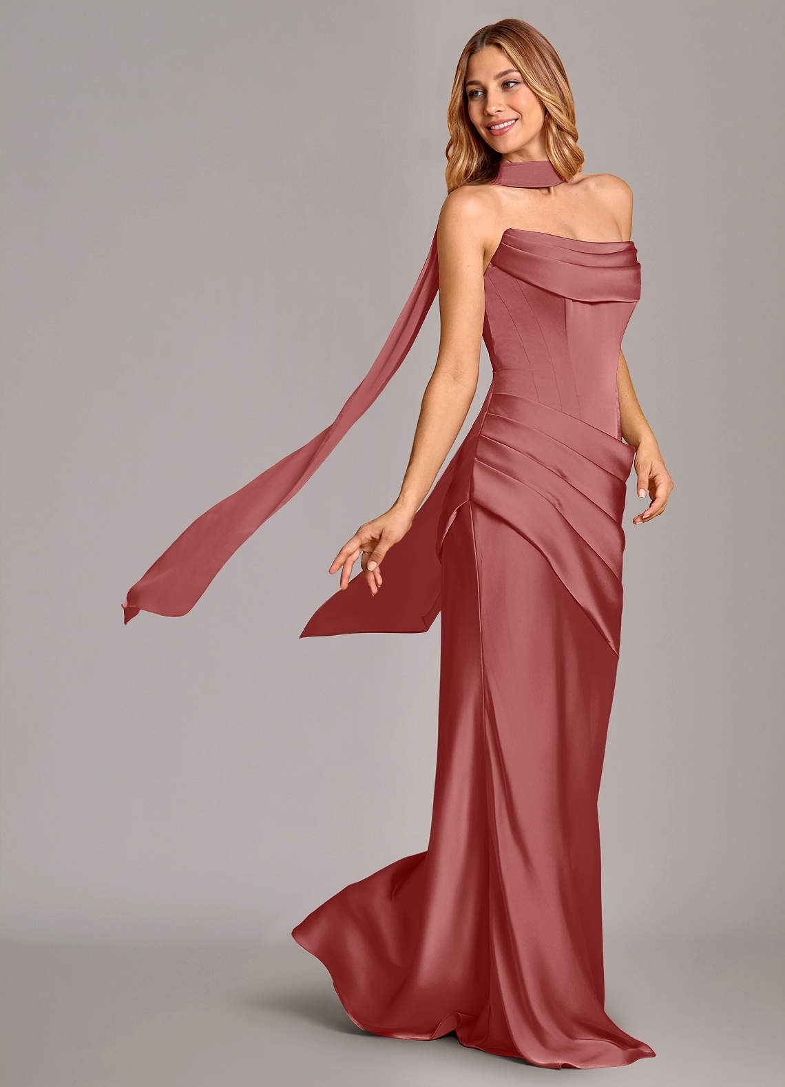 Pelagia Mermaid Cowl-Neck Stretch Satin Bridesmaid Dress in Antique Rose