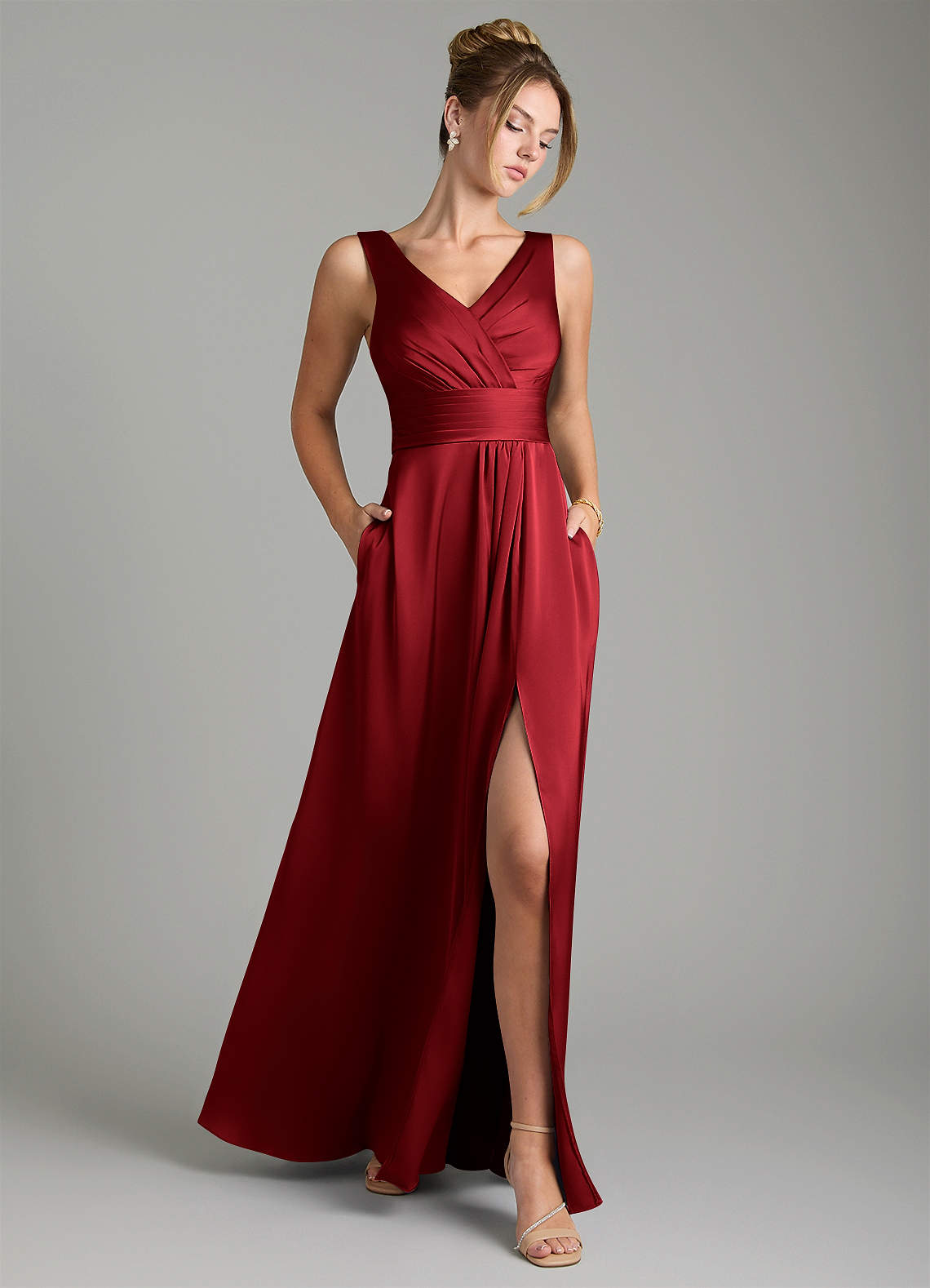 Karina A-Line V-Neck Stretch Satin Bridesmaid Dress in Scarlet