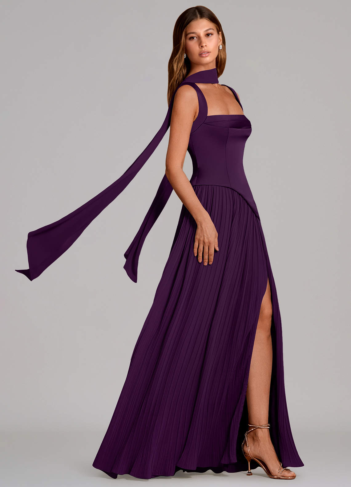 Stephanie A-Line Square-Neck Stretch Satin and Chiffon Bridesmaid Dress in Grape