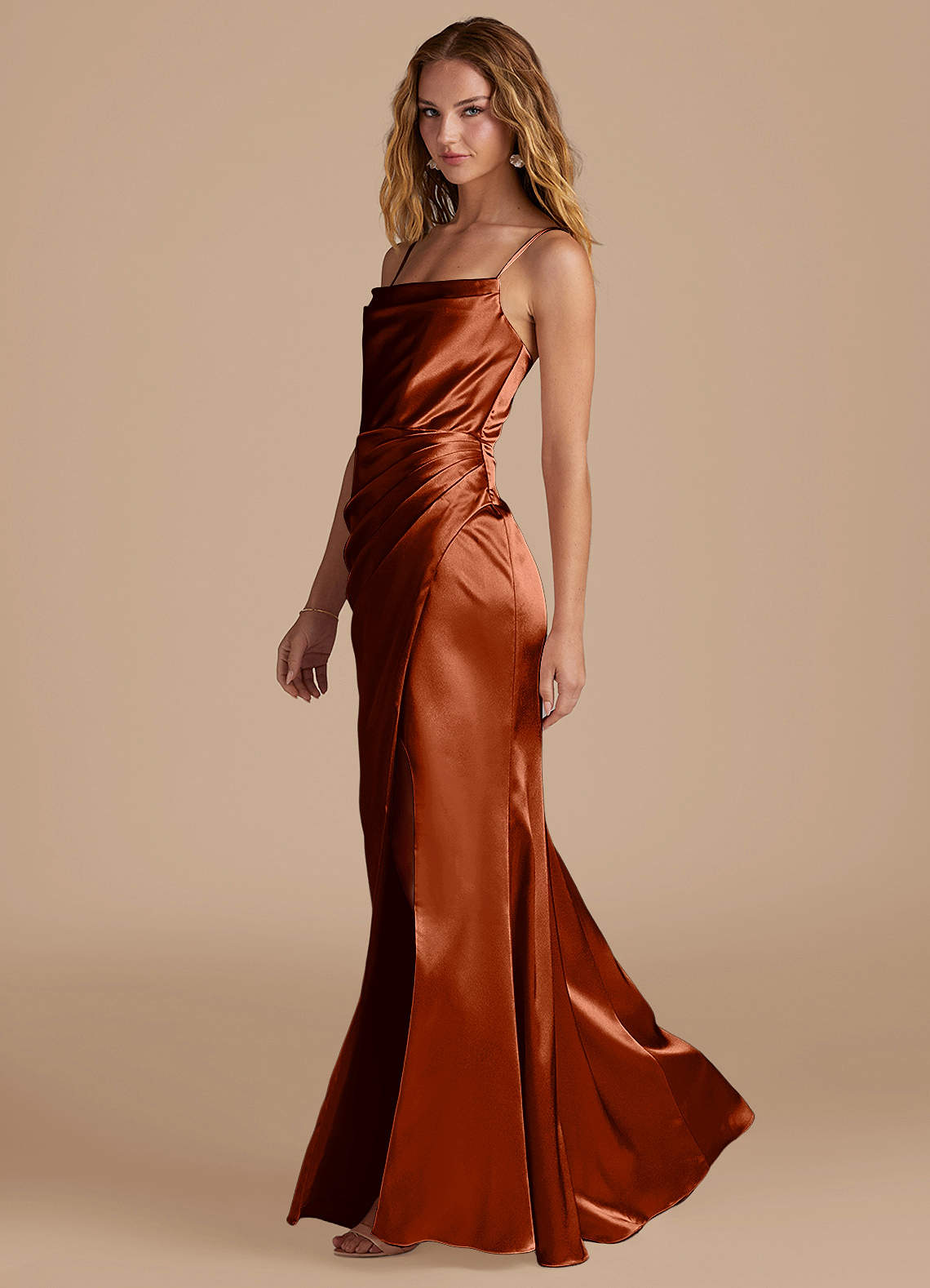 Marzia Mermaid Square-Neck Metallic Satin Bridesmaid Dress in Auburn