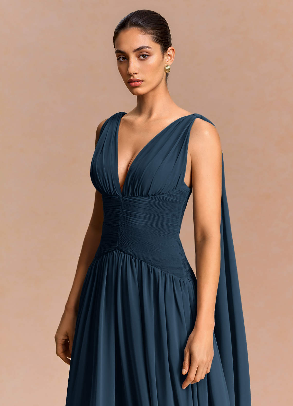 Eluney A-Line V-Neck Chiffon Evening Dress in Navy
