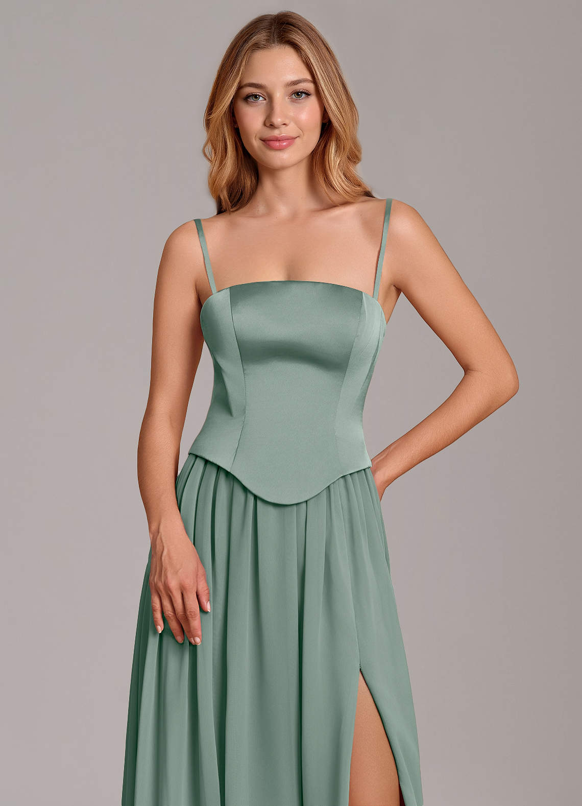 Cadence A-Line Strapless Chiffon and Stretch Satin Bridesmaid Dress in Silver Sage