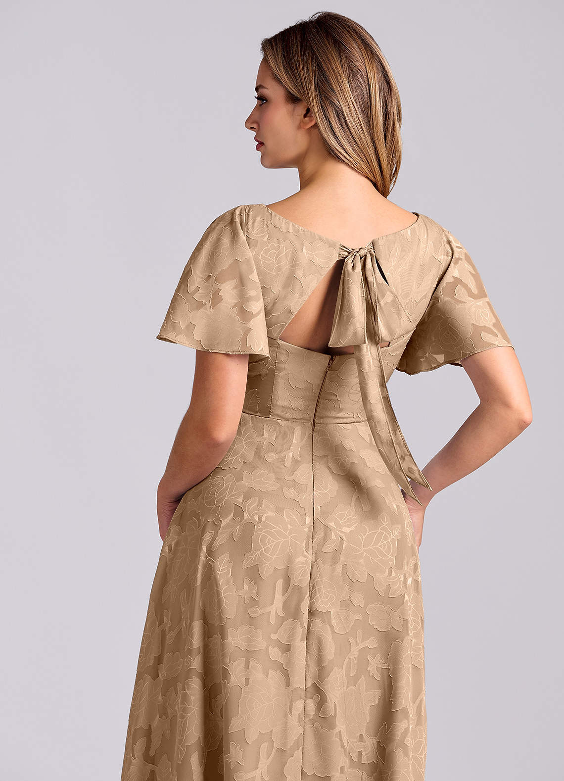 Kimber A-Line V-Neck Floral Burnout Bridesmaid Dress in Champagne