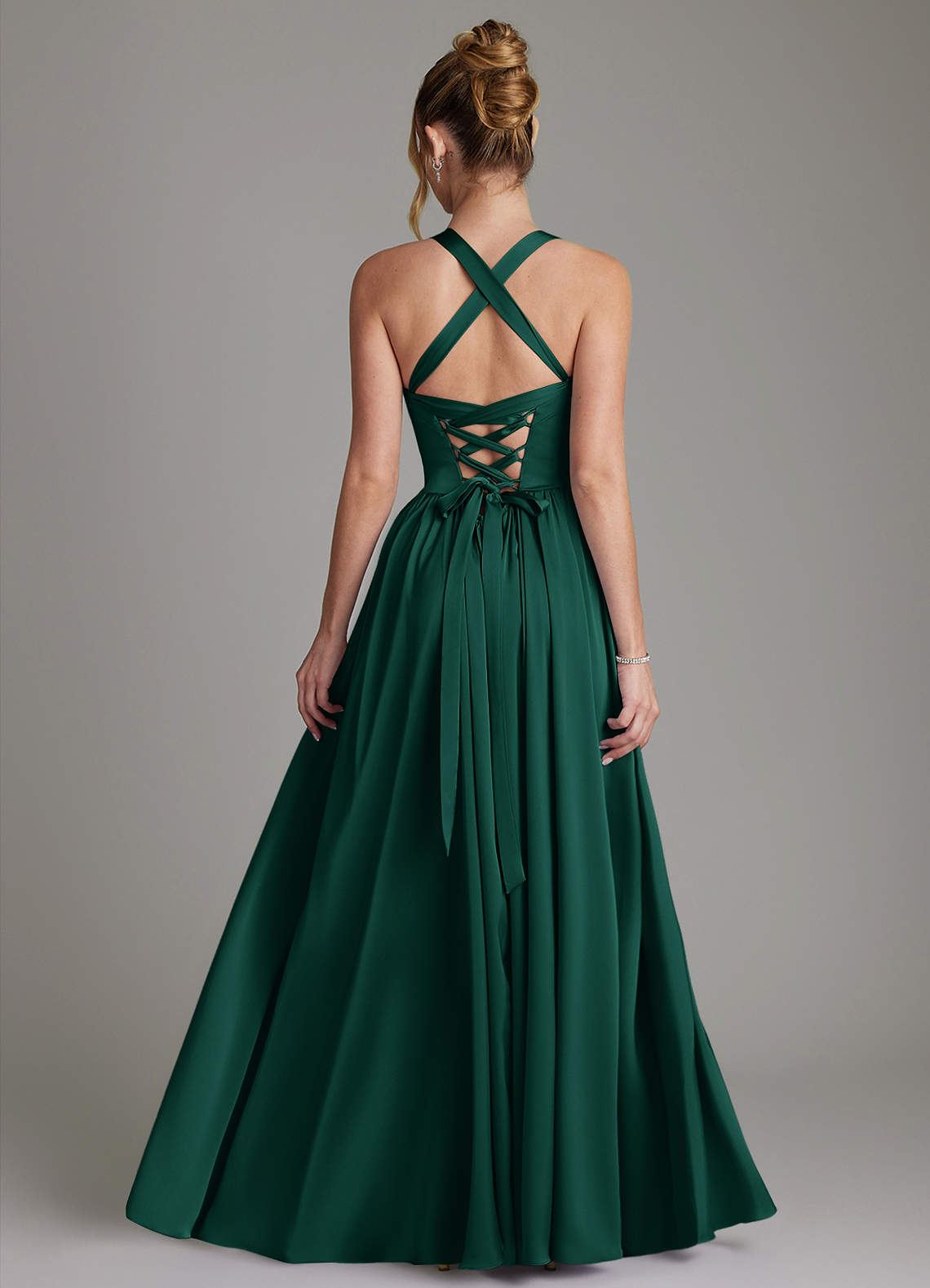 Francis A-Line V-Neck Stretch Satin Bridesmaid Dress in Emerald